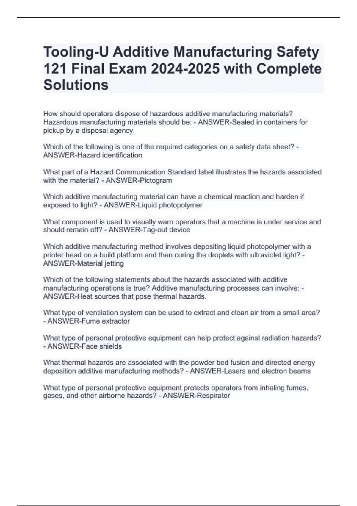Tooling-U Additive Manufacturing Safety 121 Final Exam with Complete ...
