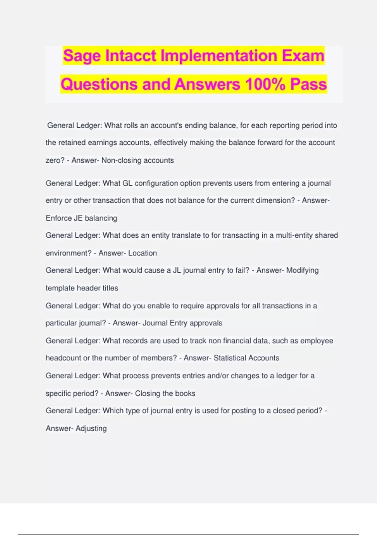 Sage Intacct Implementation Exam Questions and Answers 100 Pass SAGE Stuvia US