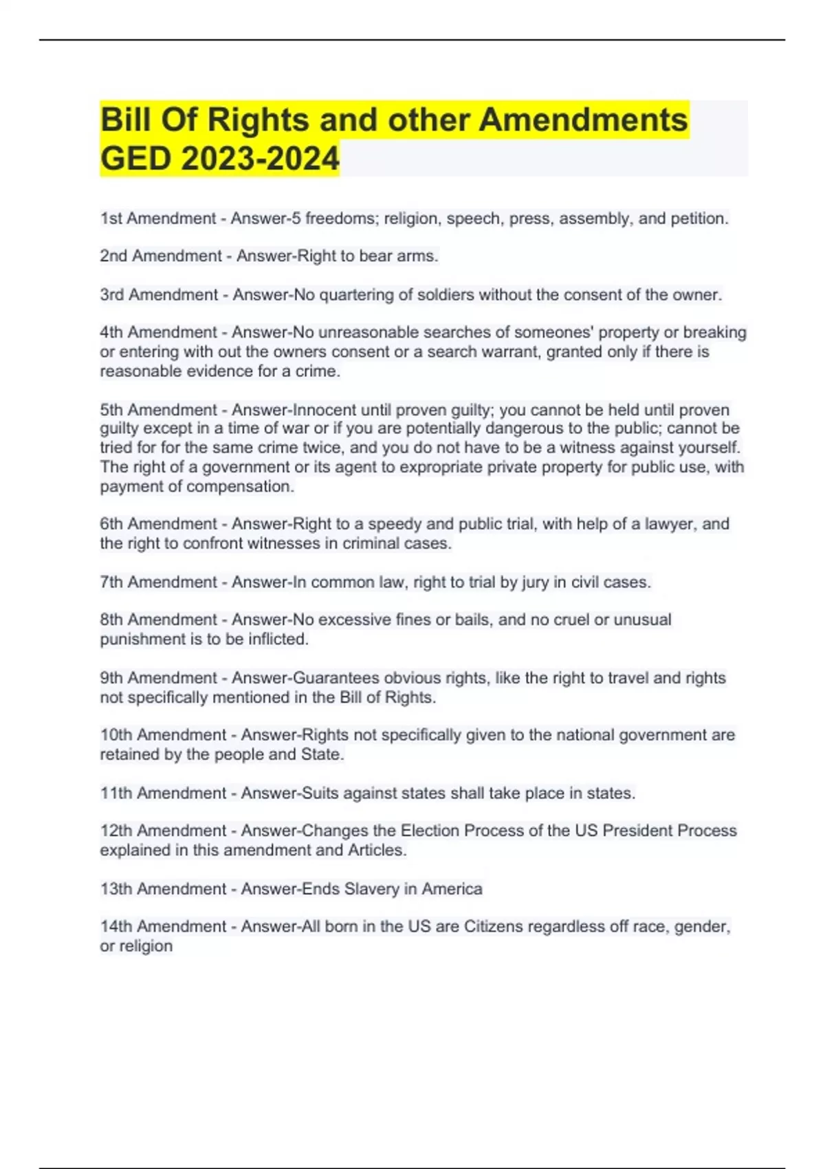 Bill Of Rights and other Amendments GED - GED - General Educational ...