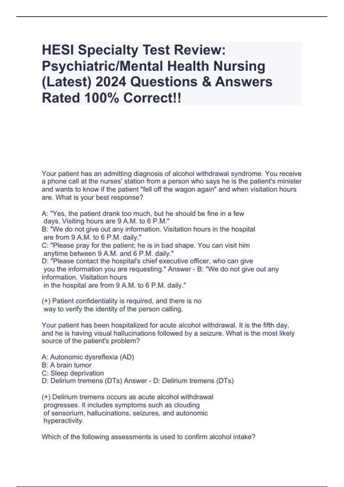 HESI Specialty Test Review: Psychiatric/Mental Health Nursing (Latest ...