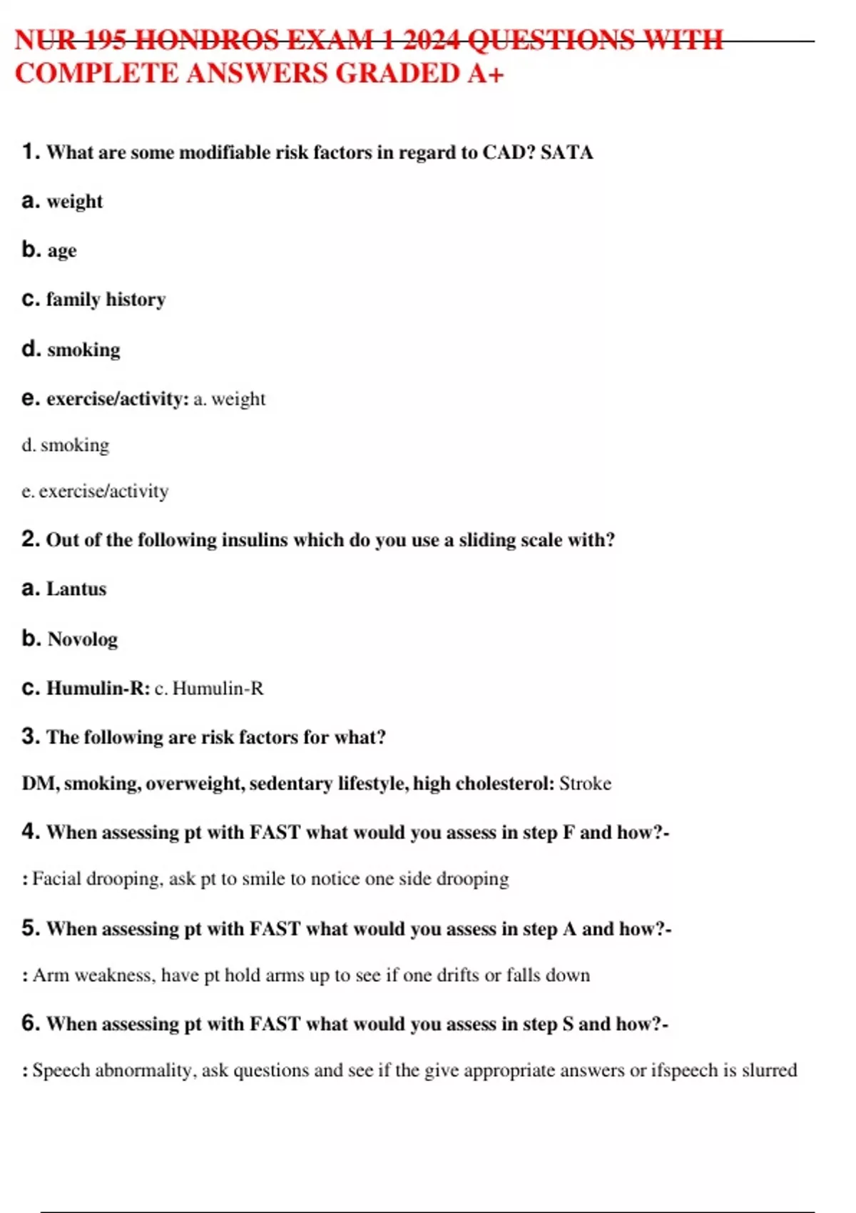 NUR 195 HONDROS EXAM 1 2024 QUESTIONS WITH COMPLETE ANSWERS GRADED A+ ...