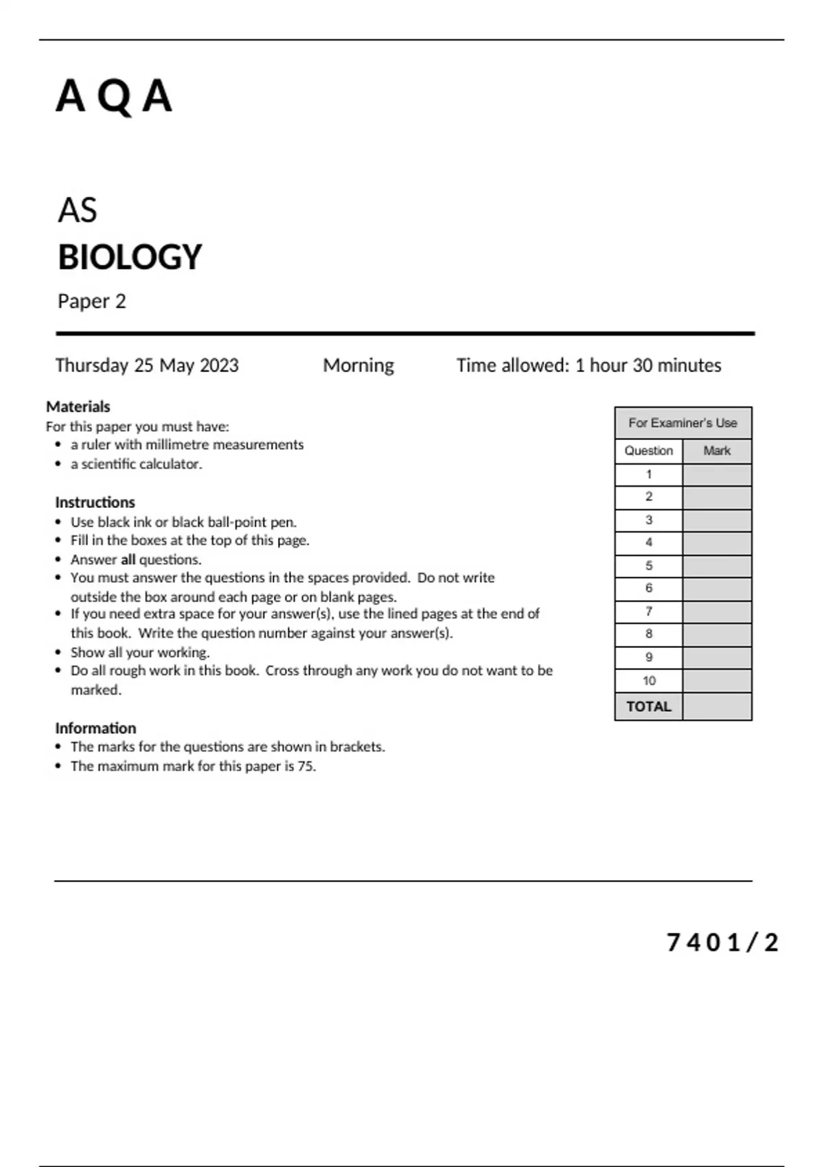AQA AS Level Biology paper 2 Mark scheme and question paper for June ...