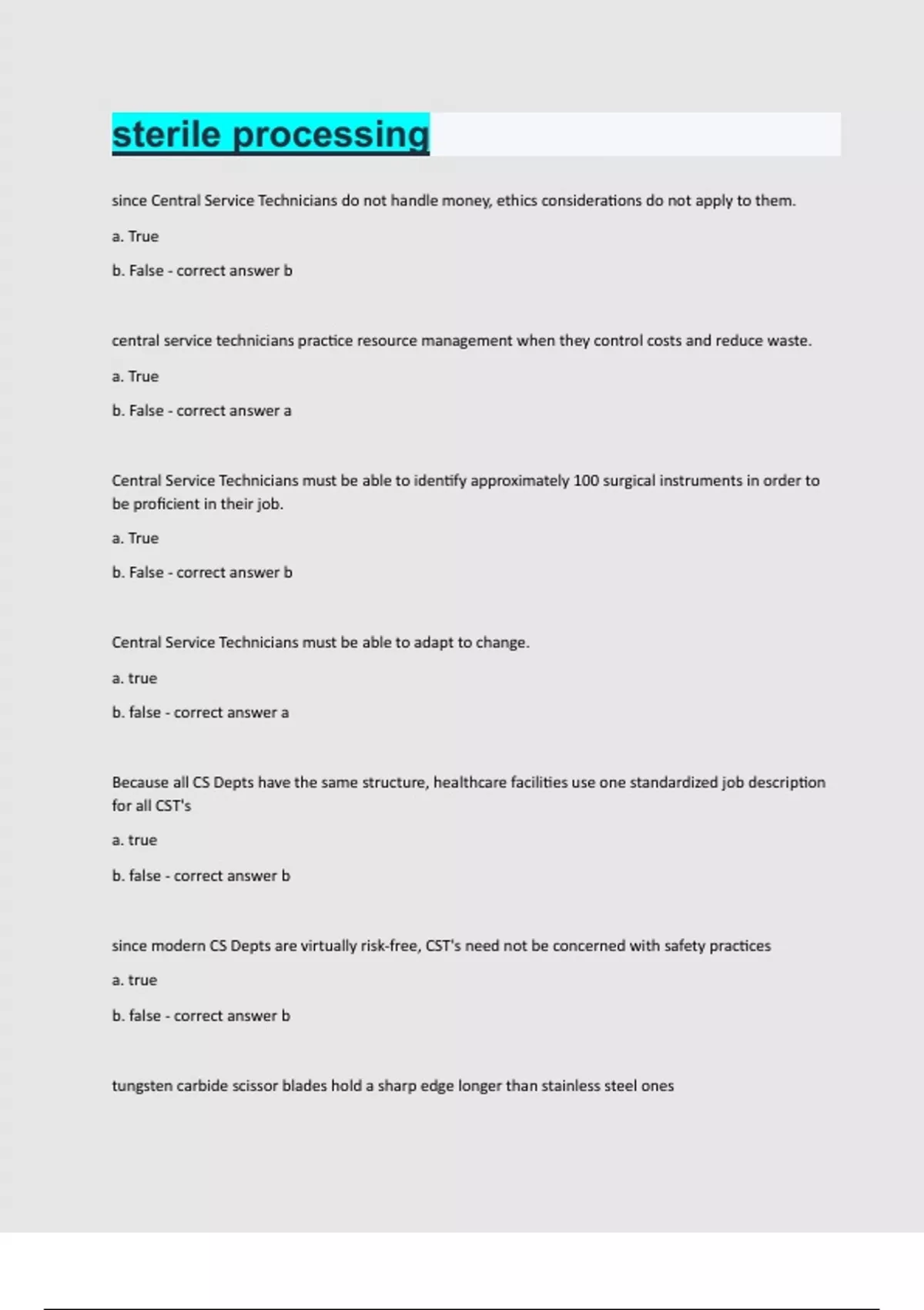 sterile processing exam Questions and answers latest update Sterile