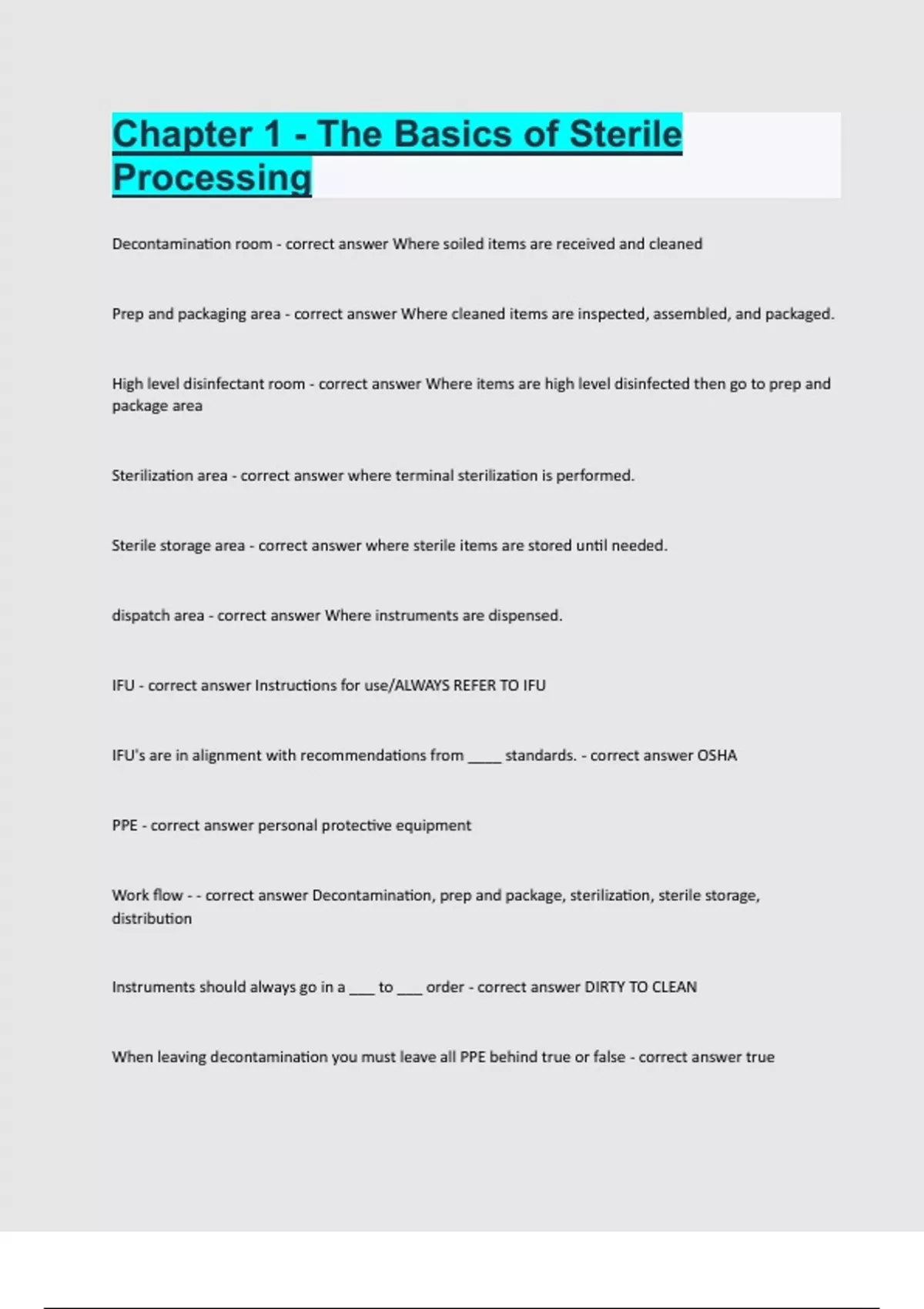 Chapter 1 The Basics of Sterile Processing Questions and answers