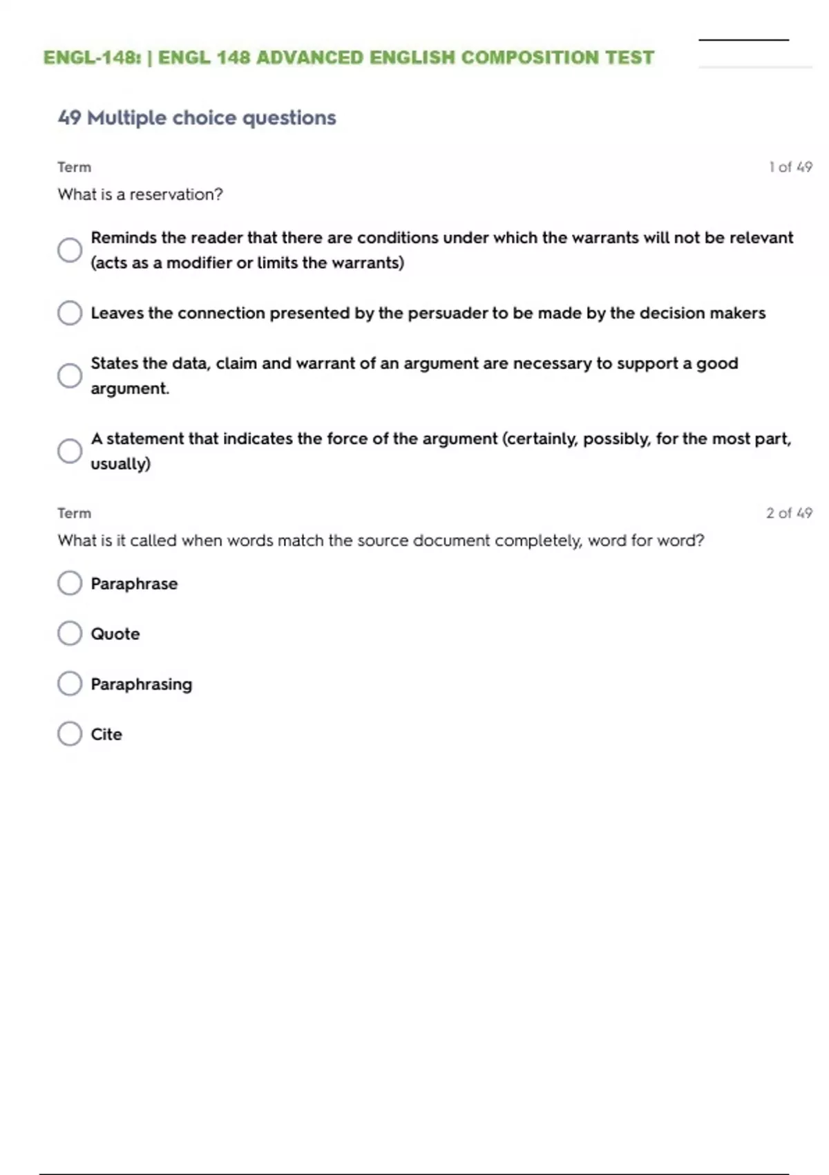 ENGL-148: ADVANCED ENGLISH COMPOSITION SELF-TEST 4 QUESTIONS WITH 100% ...