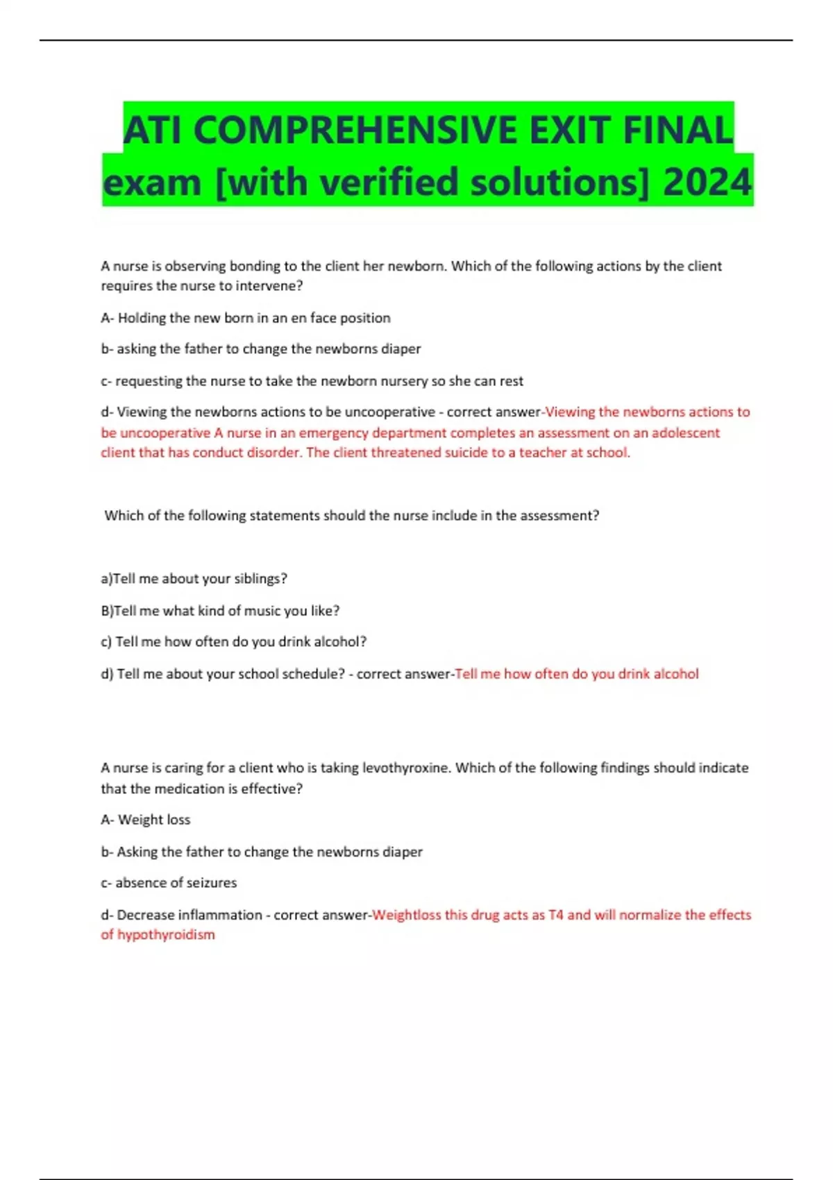 ATI COMPREHENSIVE EXIT FINAL exam [with verified solutions] 2024 - ATI ...