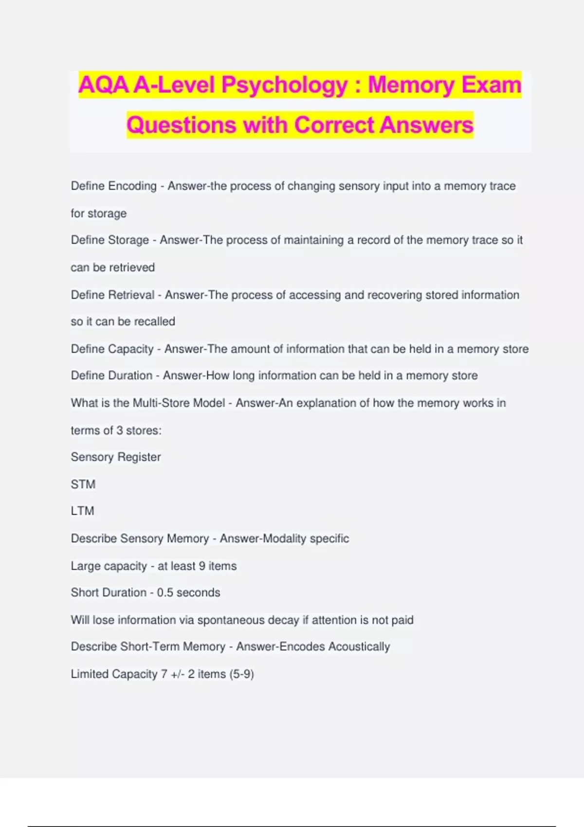 AQA ALevel Psychology Memory Exam Questions with Correct Answers