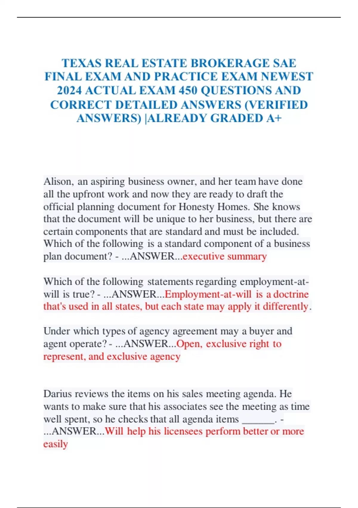 TEXAS REAL ESTATE BROKERAGE SAE FINAL EXAM AND PRACTICE EXAM NEWEST