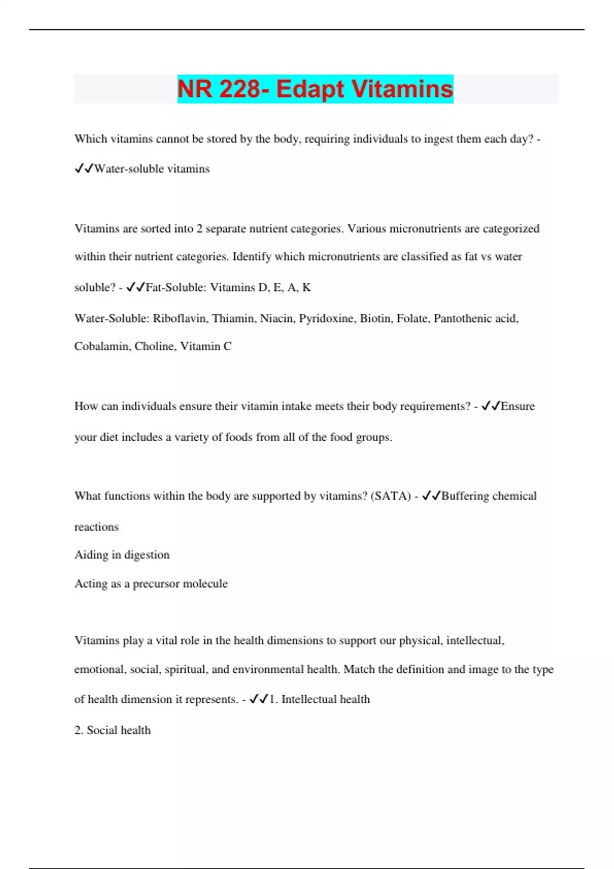 NR 228 Edapt Vitamins Questions with 100 Correct Answers Latest