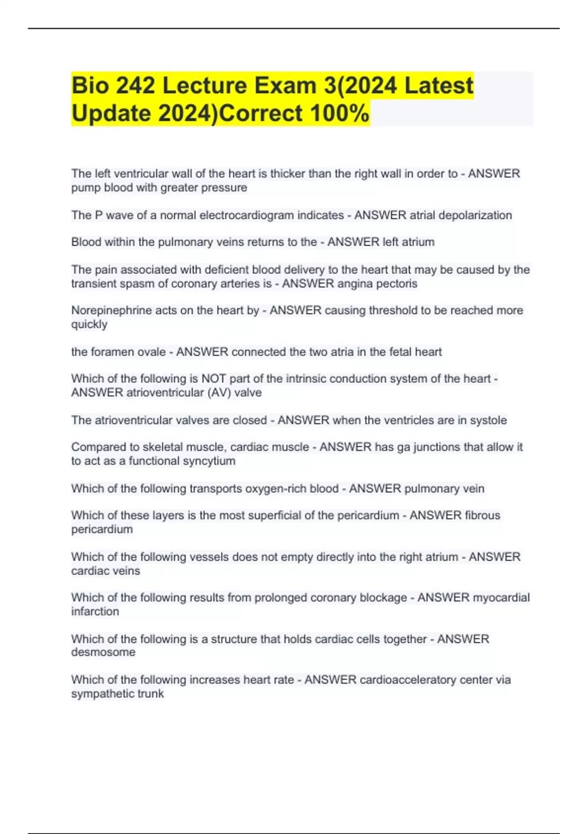 Bio 242 Lecture Exam 3 2024 Latest Update 2024 Correct 100 Bio 242