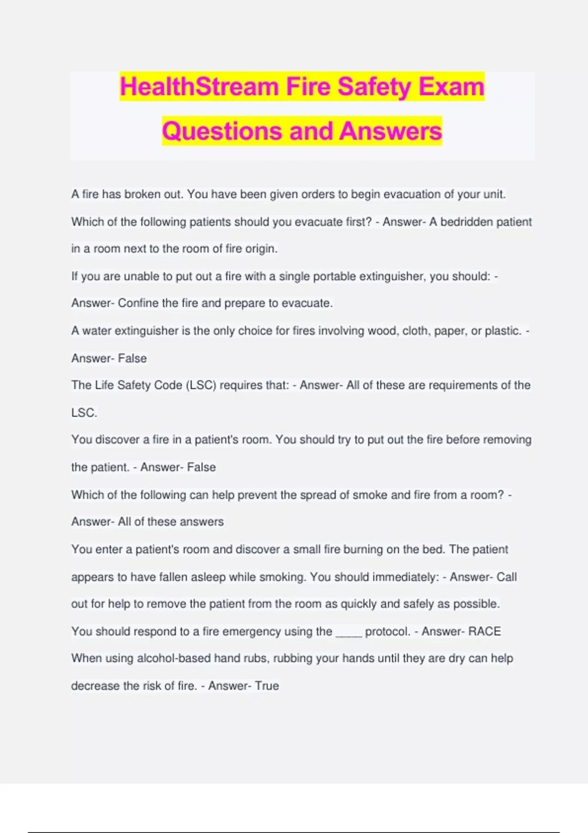 HealthStream Fire Safety Exam Questions and Answers HealthStream