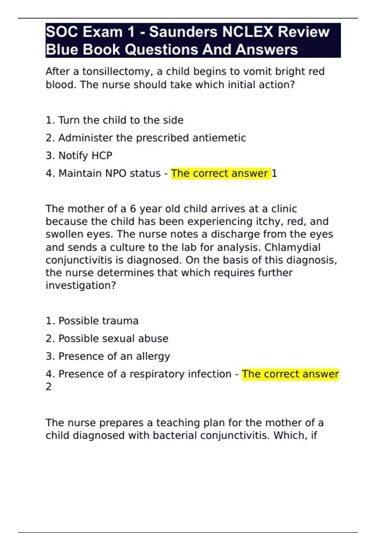 SOC Exam 1 - Saunders NCLEX Review Blue Book Questions And Answers ...