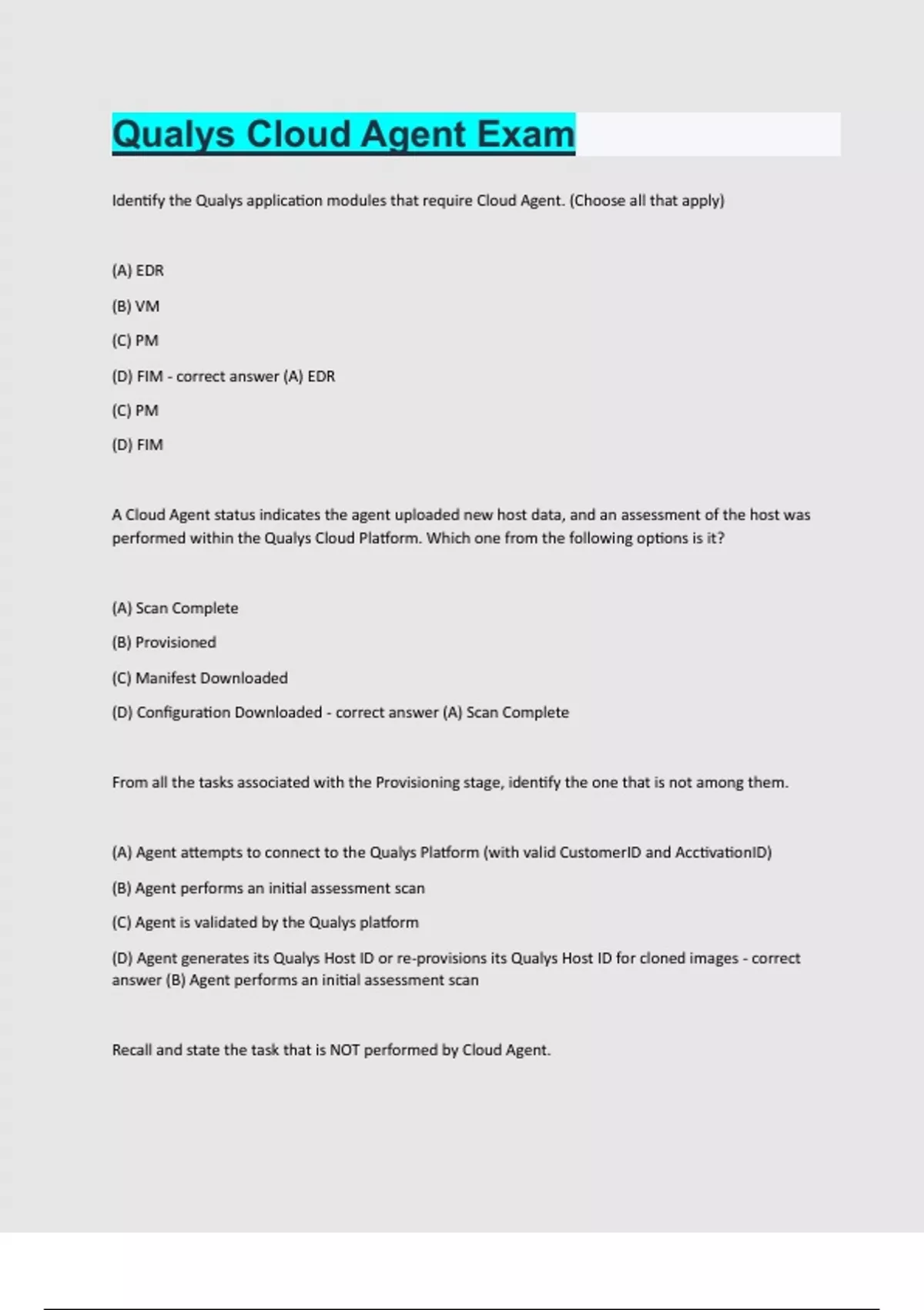 Qualys Cloud Agent Exam Questions and answers latest update - Qualys ...