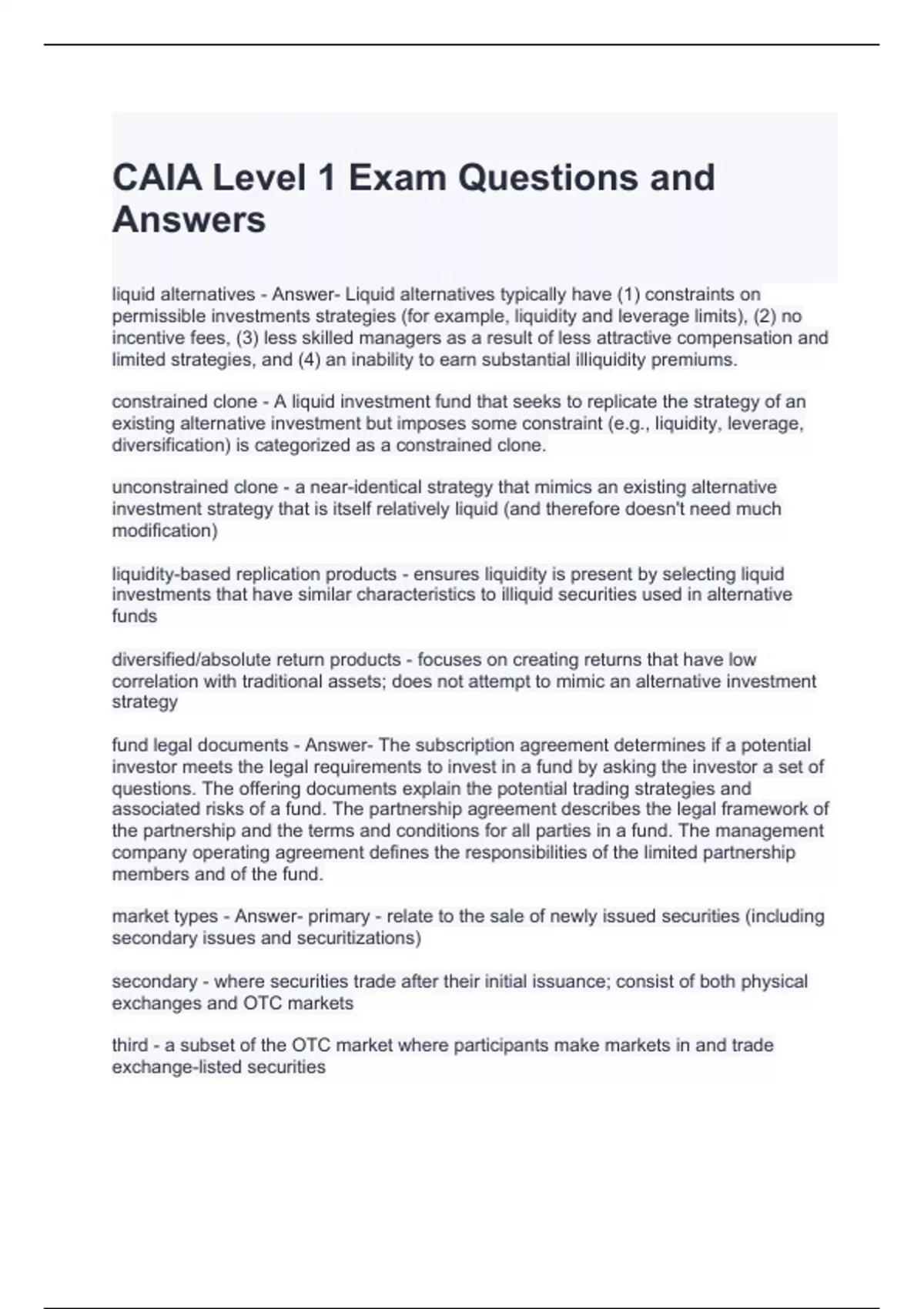 CAIA Level 1 Exam Questions and Answers 100% correct - CAIA - Stuvia US
