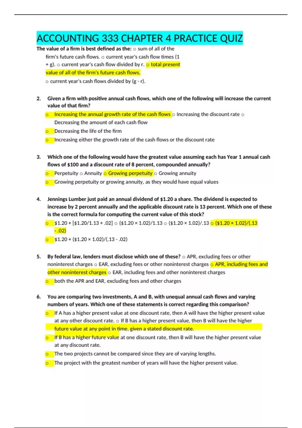ACCOUNTING 333 CHAPTER 4 PRACTICE QUIZ - ACCOUNTING 333 CHAPTER 4 ...