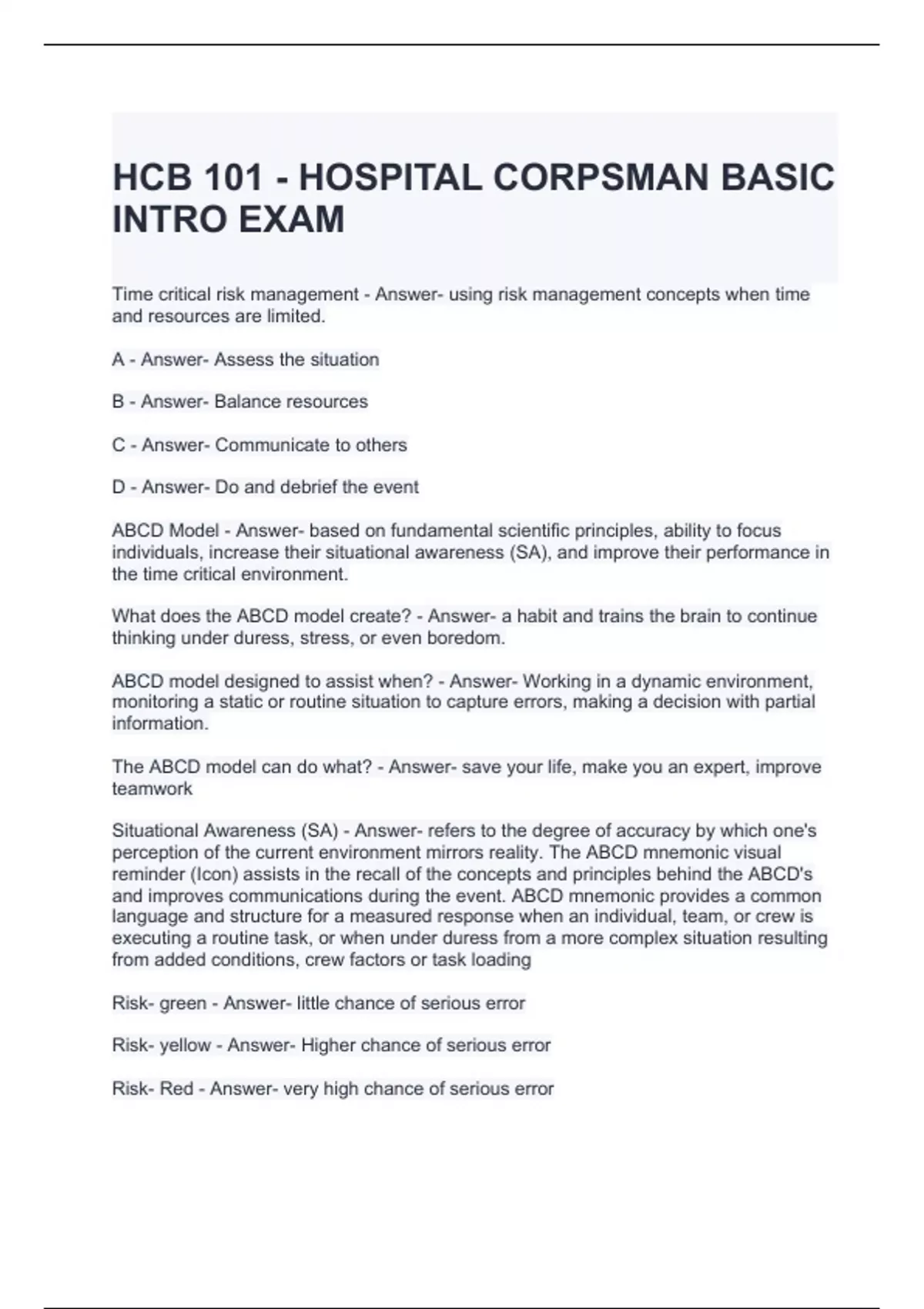 HCB 101 - HOSPITAL CORPSMAN BASIC INTRO EXAM QUESTIONS AND ANSWERS 2024 ...