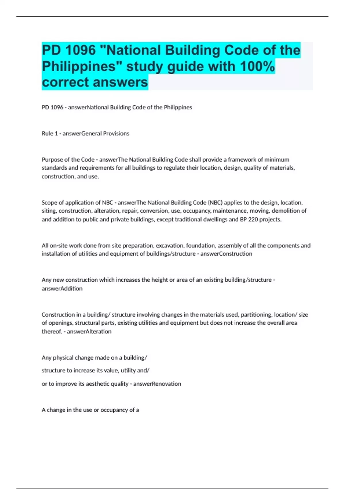 NATIONAL BUILDING CODE OF THE PHILIPPINES PD 1096 EXAMS COMPILATION