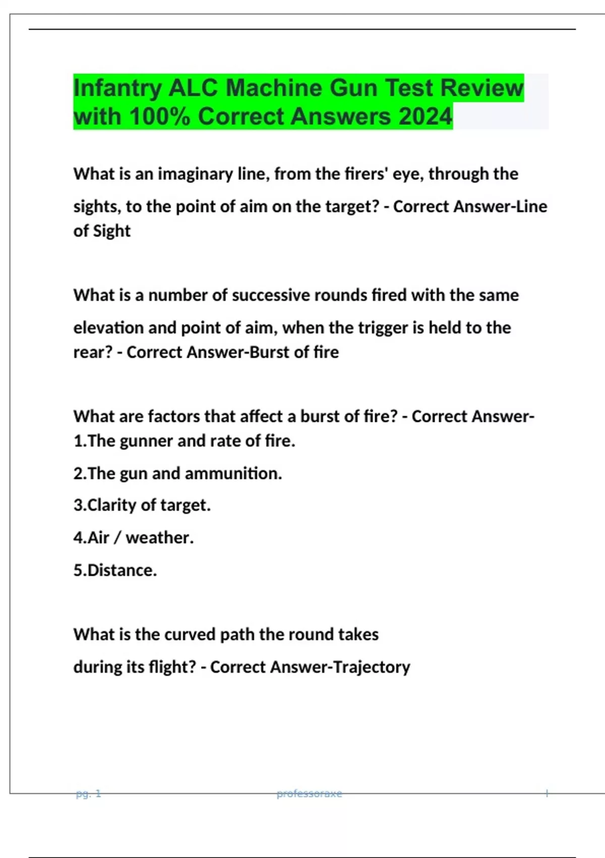 Infantry ALC Machine Gun Test Review with 100 Correct Answers 2024