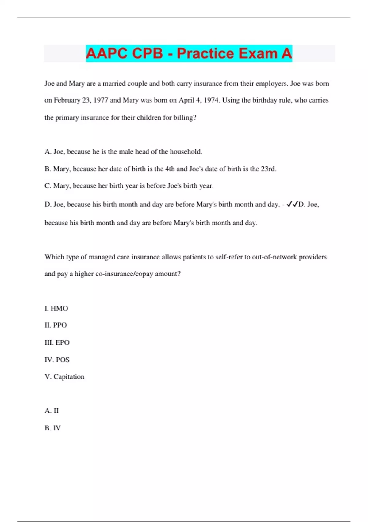 AAPC CPB - Practice Exam A | Questions with 100% Correct Answers ...