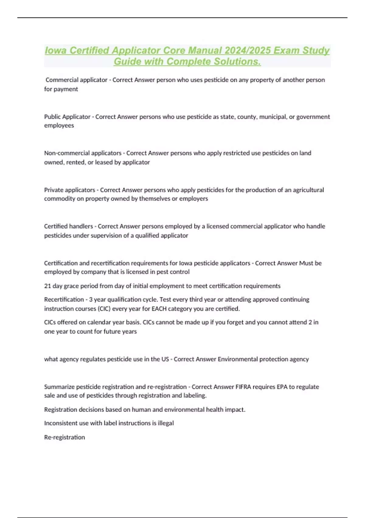 Iowa Certified Applicator Core Manual 2024/2025 Exam Study Guide with