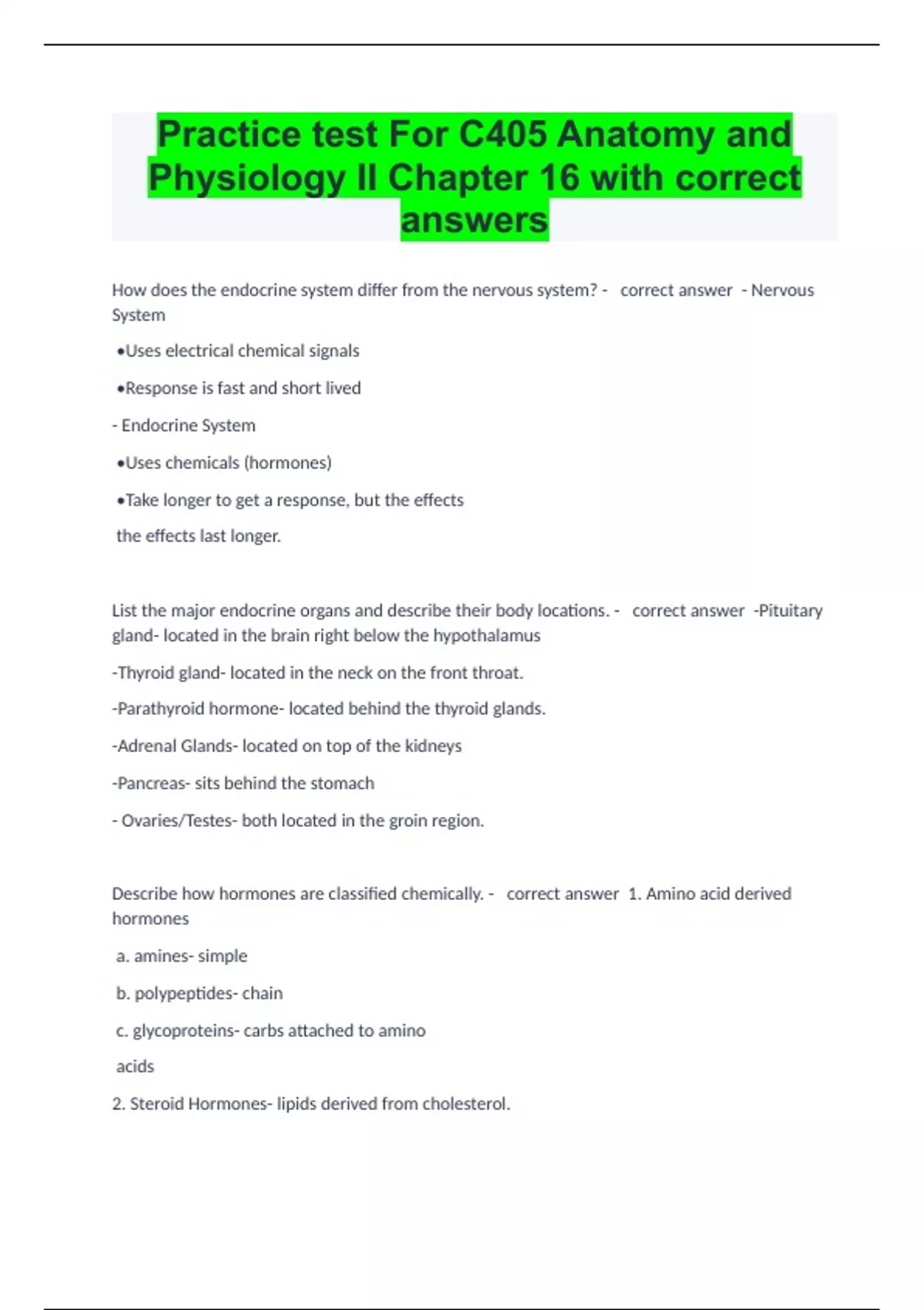 Practice test For C405 Anatomy and Physiology II Chapter 16 with ...