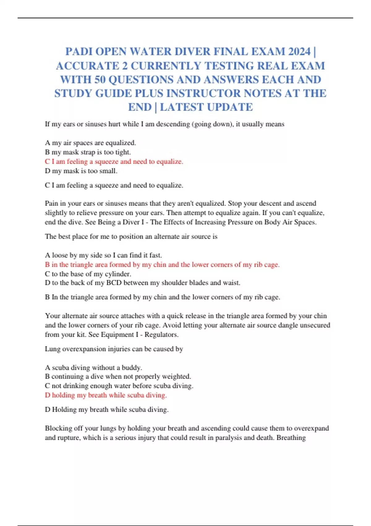 PADI OPEN WATER DIVER FINAL EXAM 2024 ACCURATE 2 CURRENTLY TESTING