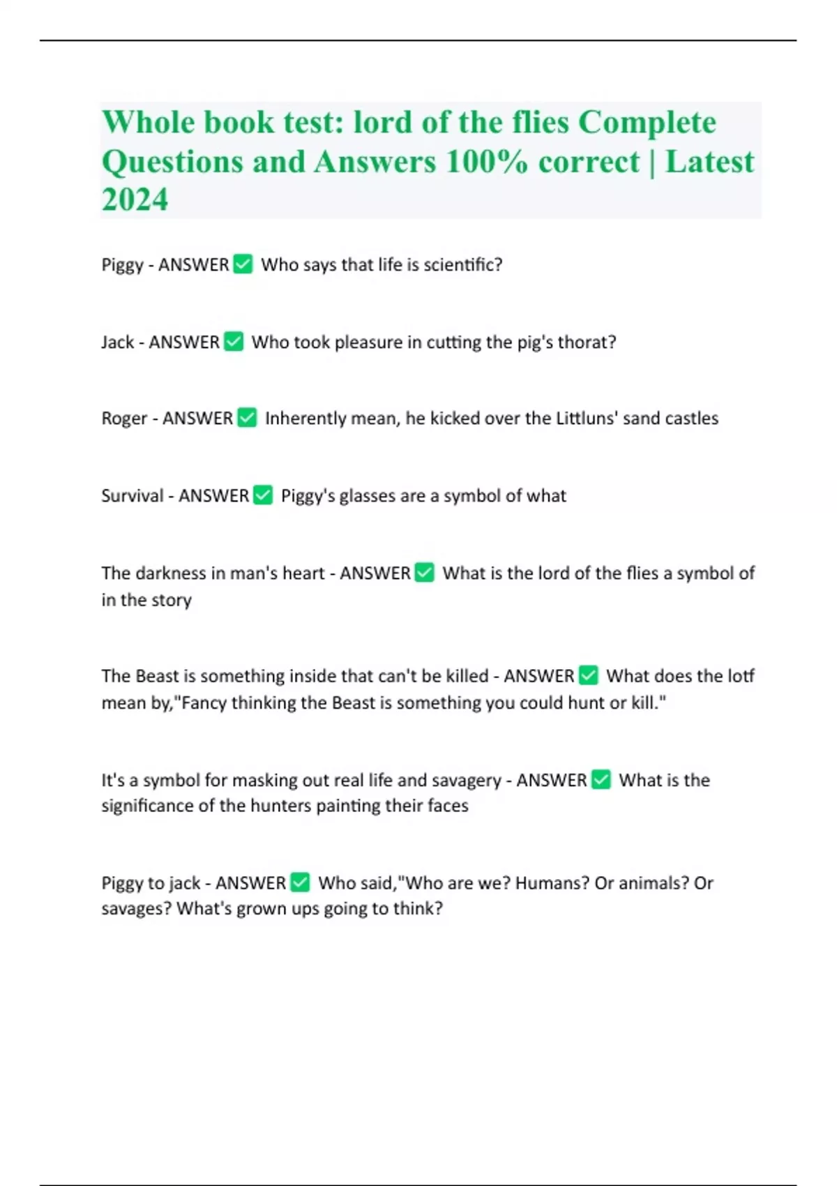 Whole book test: lord of the flies Complete Questions and Answers 100% correct | Latest 2024 ...