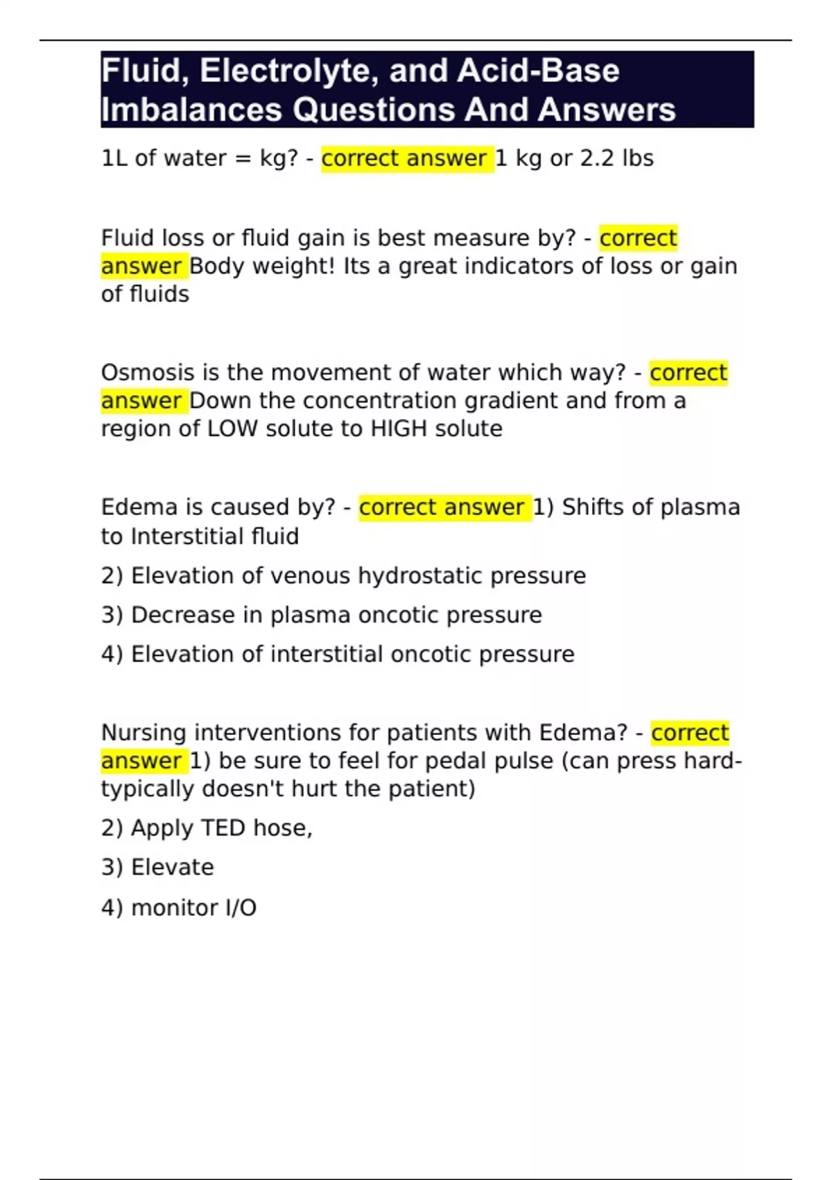 Fluid, Electrolyte, and AcidBase Imbalances Questions And Answers