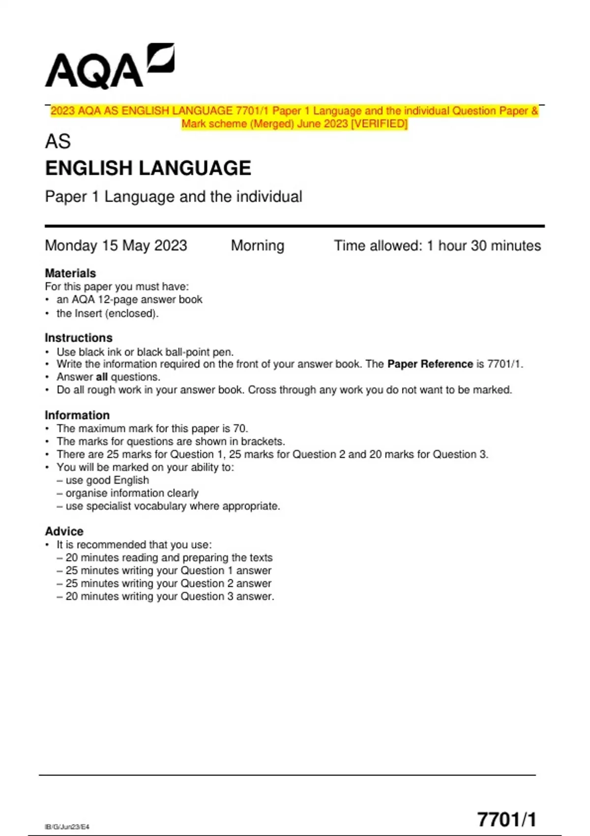 2023 AQA AS ENGLISH LANGUAGE 7701/1 Paper 1 Language and the individual ...