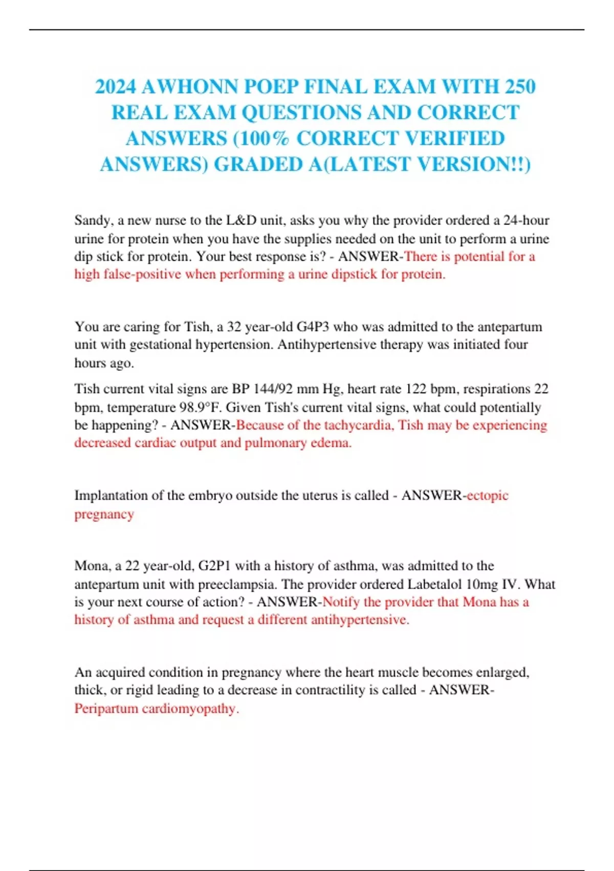 2024 AWHONN POEP FINAL EXAM WITH 250 REAL EXAM QUESTIONS AND CORRECT ...