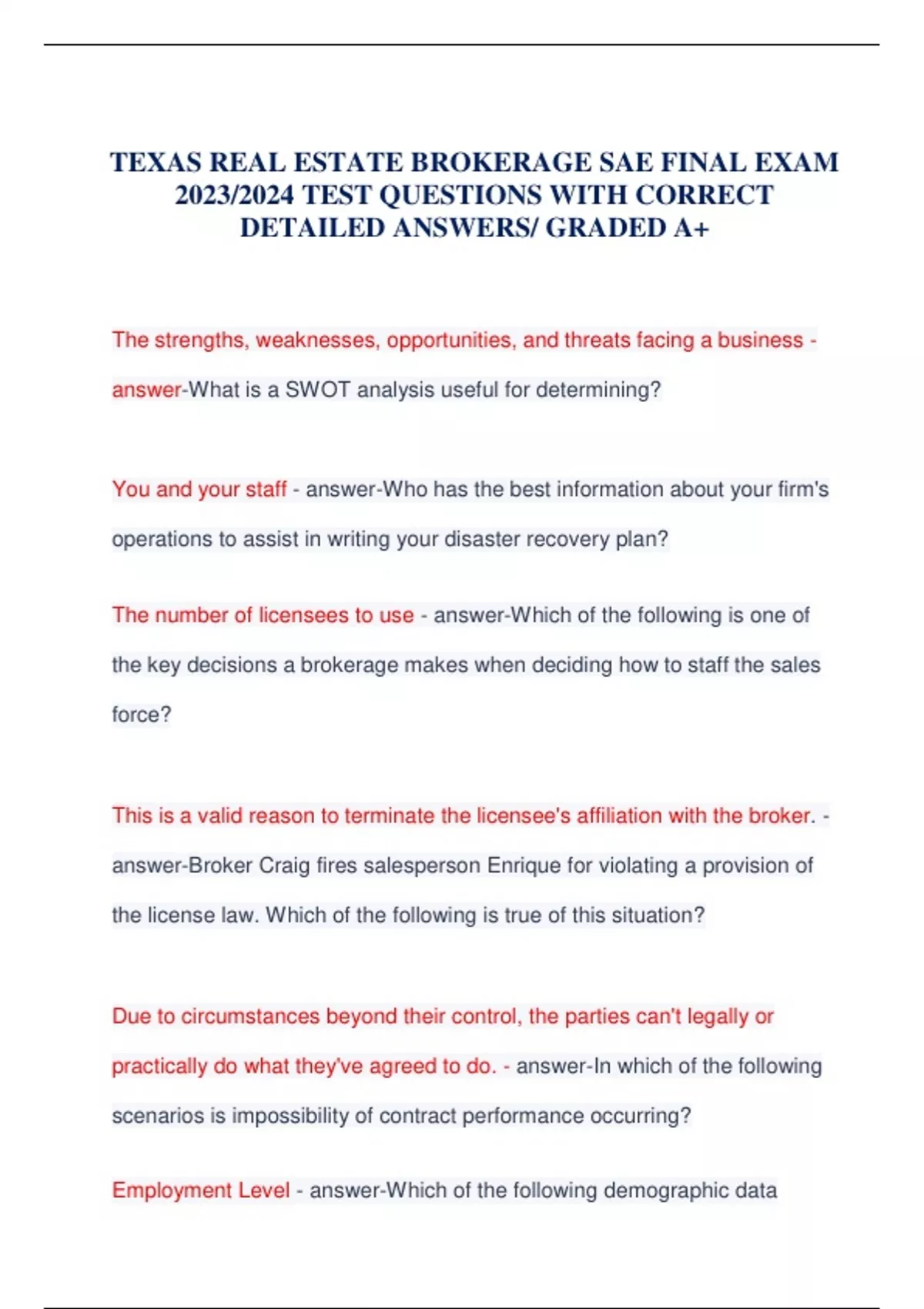 TEXAS REAL ESTATE BROKERAGE SAE FINAL EXAM 2023/2024 TEST QUESTIONS