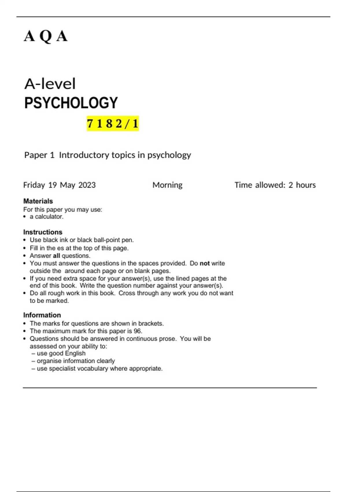 AQA A Level Psychology paper 1 Question paper June 2023 - Aqa ...