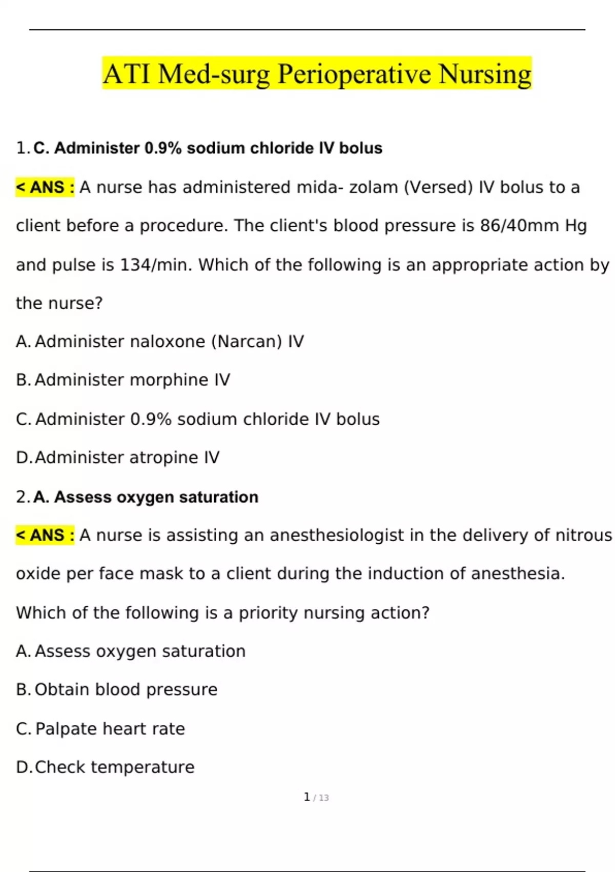 ATI Medsurg Perioperative Nursing Questions and Answers (2024 / 2025