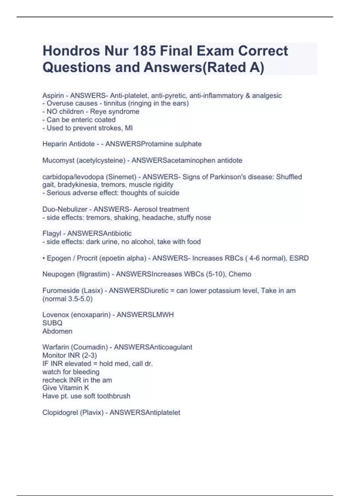 Hondros Nur 185 Final Exam Correct Questions and Answers(Rated A ...