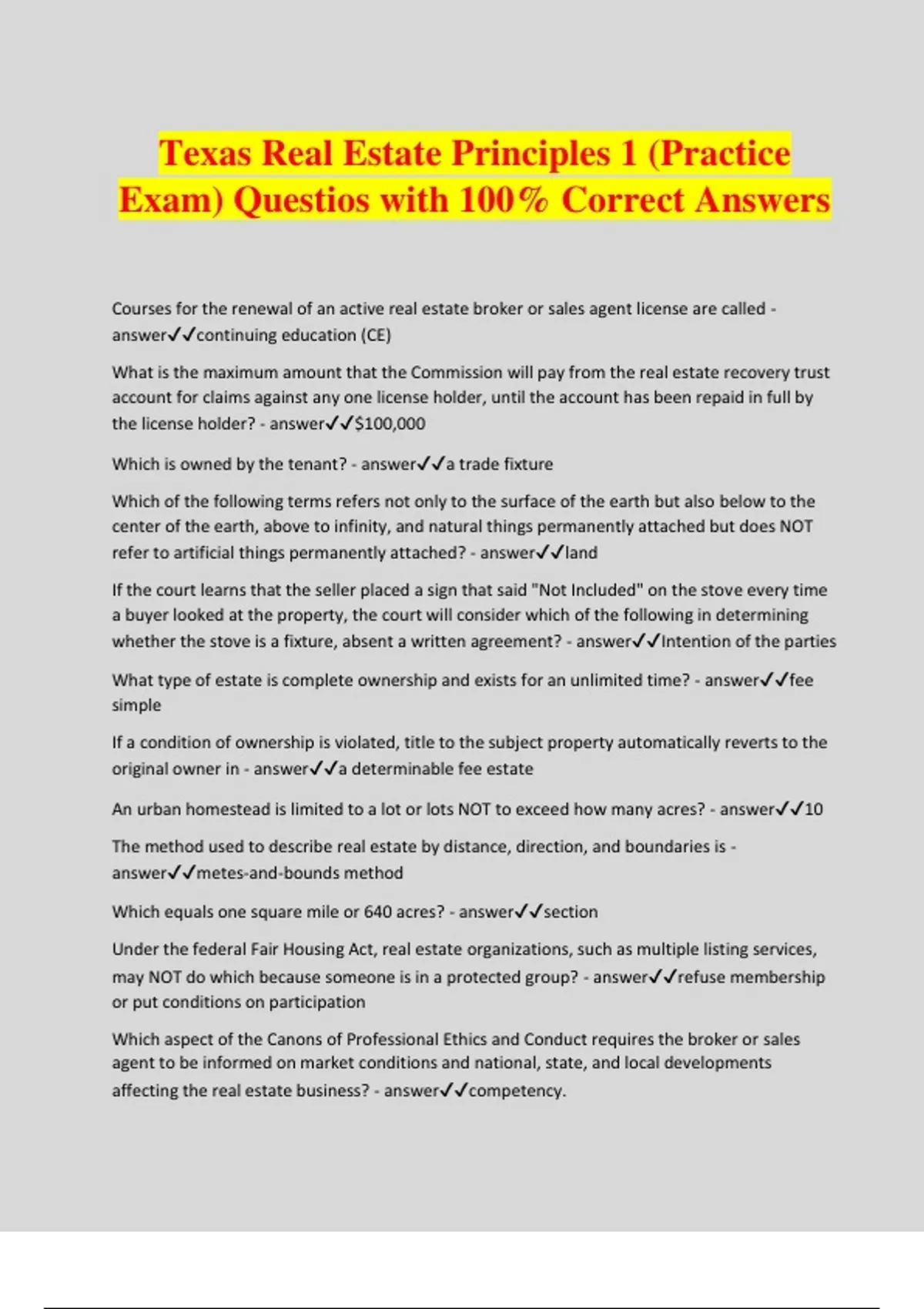 Texas Real Estate Principles 1 (Practice Exam) Questios with 100