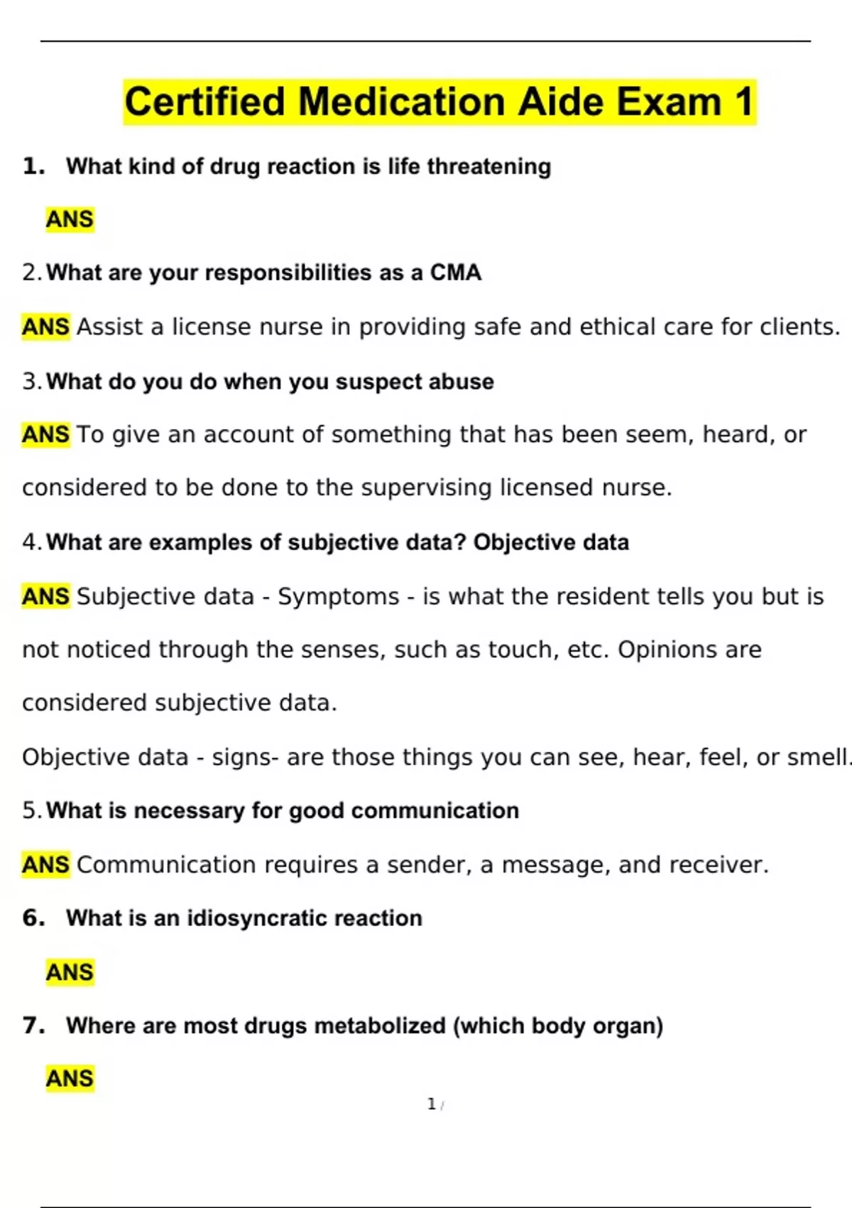 Certified Medication Aide Exam 1 Questions and Answers (2024 / 2025
