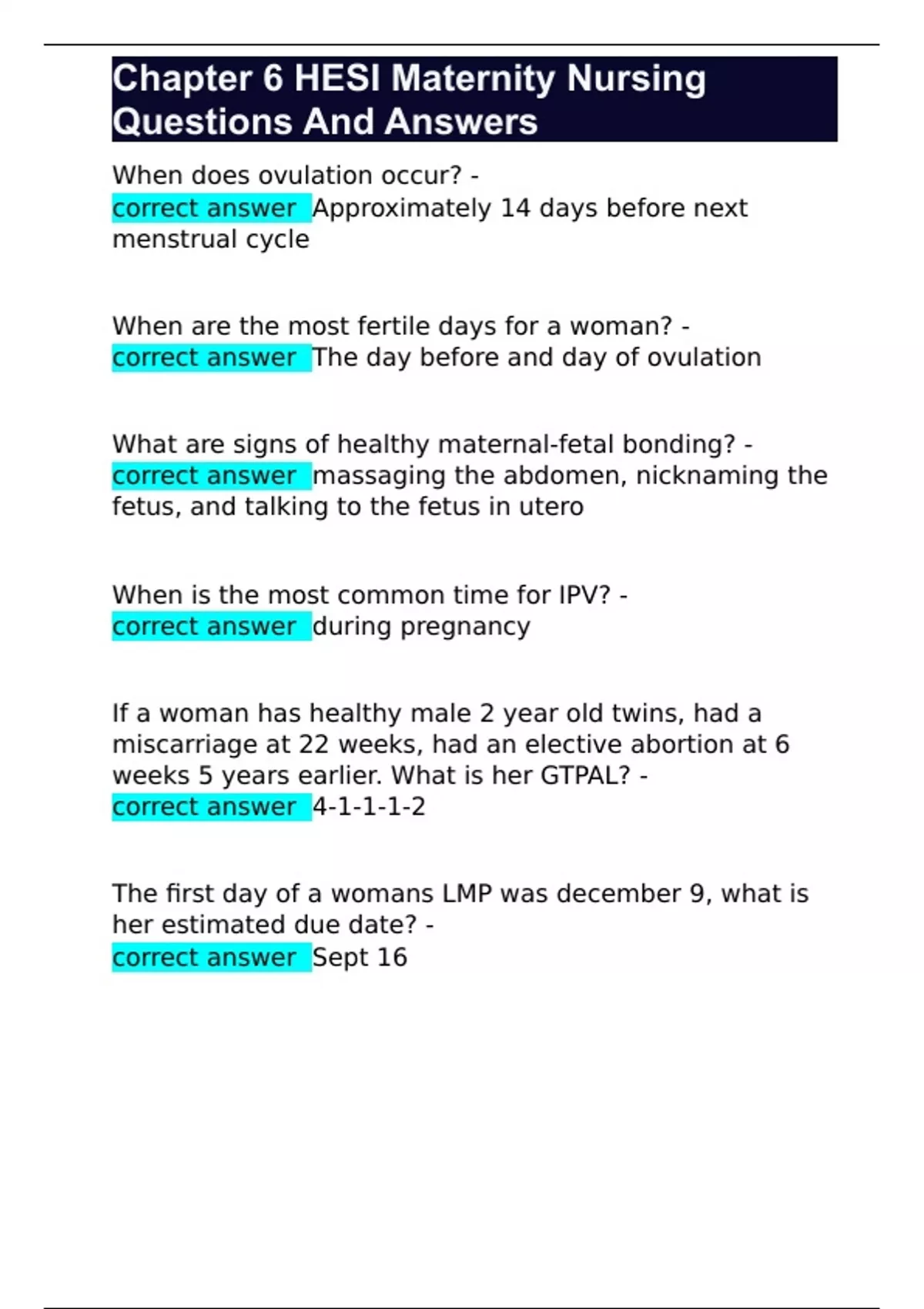 Chapter 6 HESI Maternity Nursing Questions And Answers Chapter 6 HESI