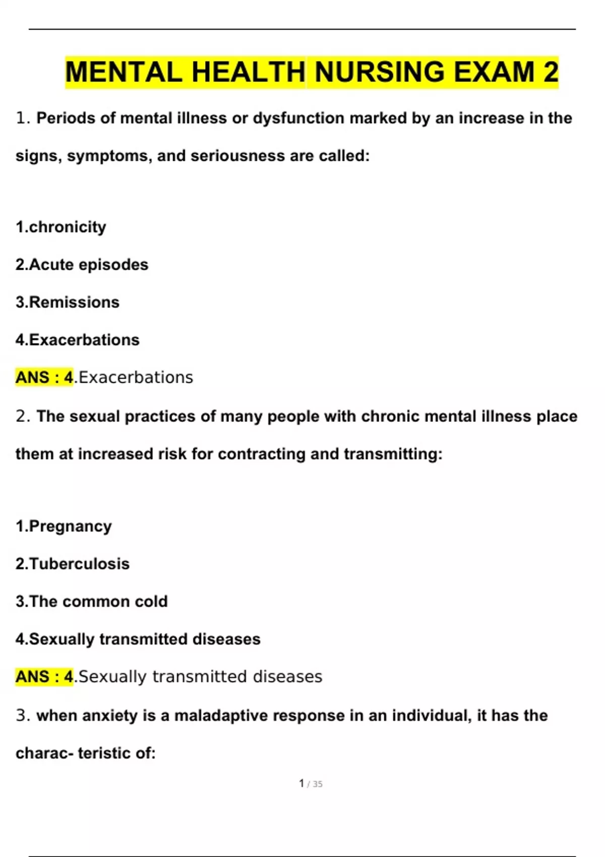 Mental health nursing Exam 2 Questions and Answers (2024 / 2025 ...
