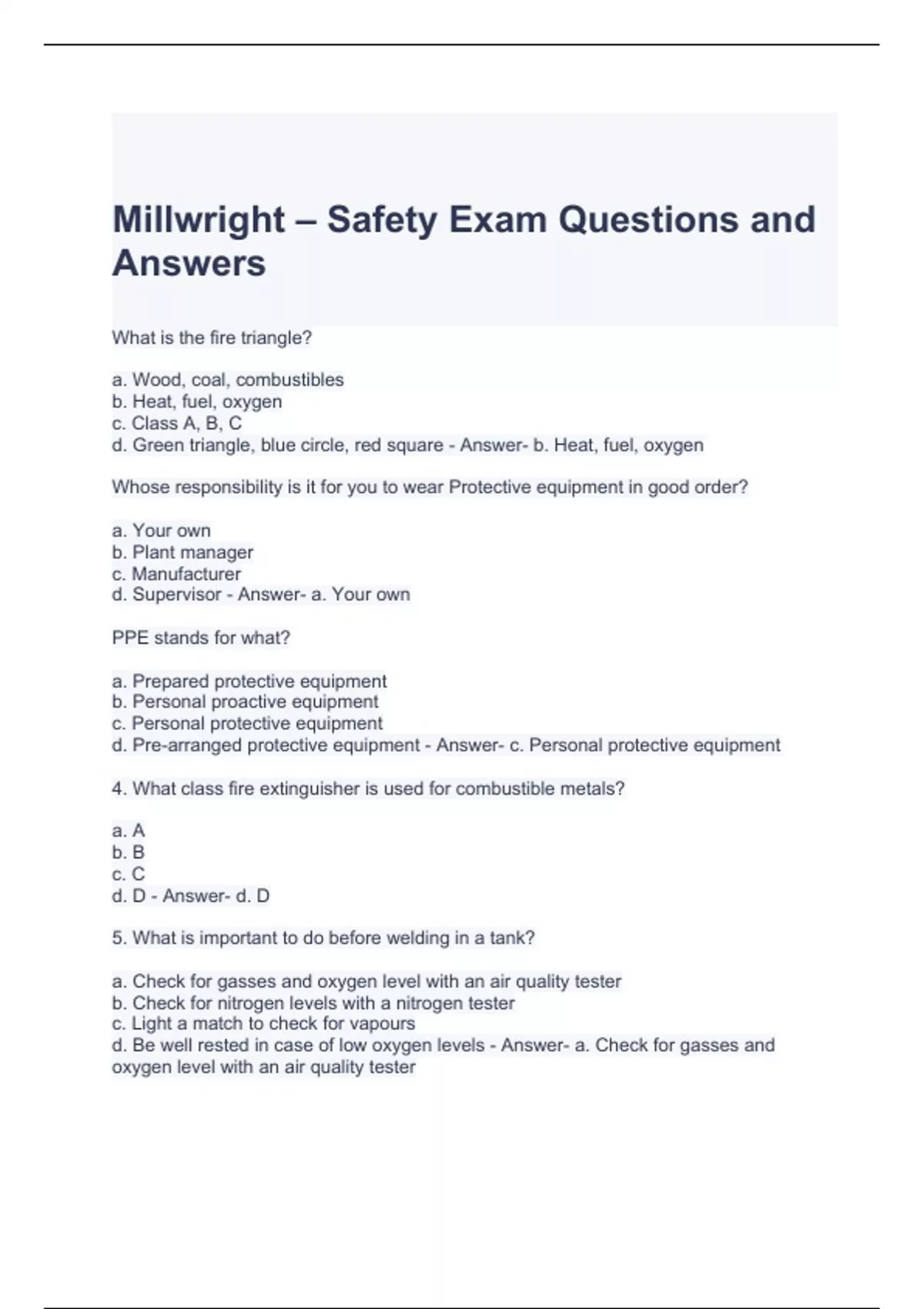 Millwright Safety Exam Questions and Answers Millwright Stuvia US