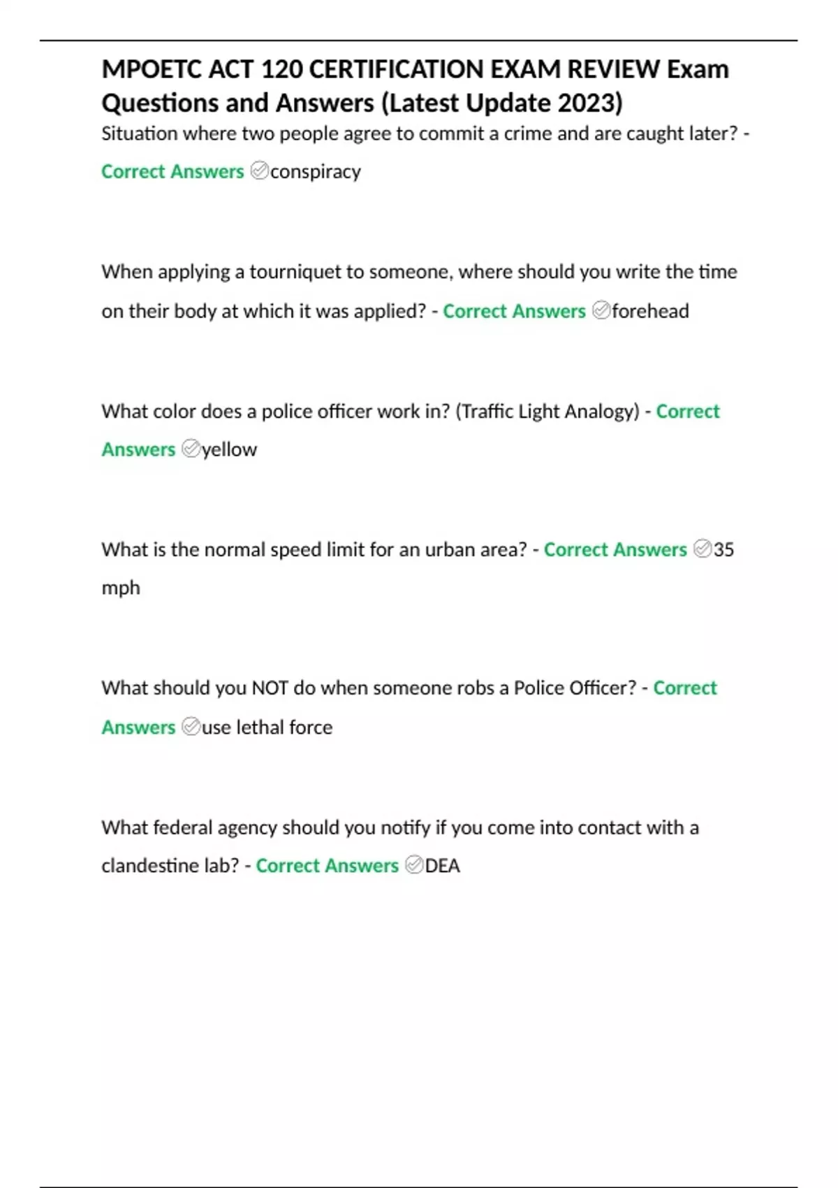 MPOETC ACT 120 CERTIFICATION EXAM REVIEW Exam Questions and Answers