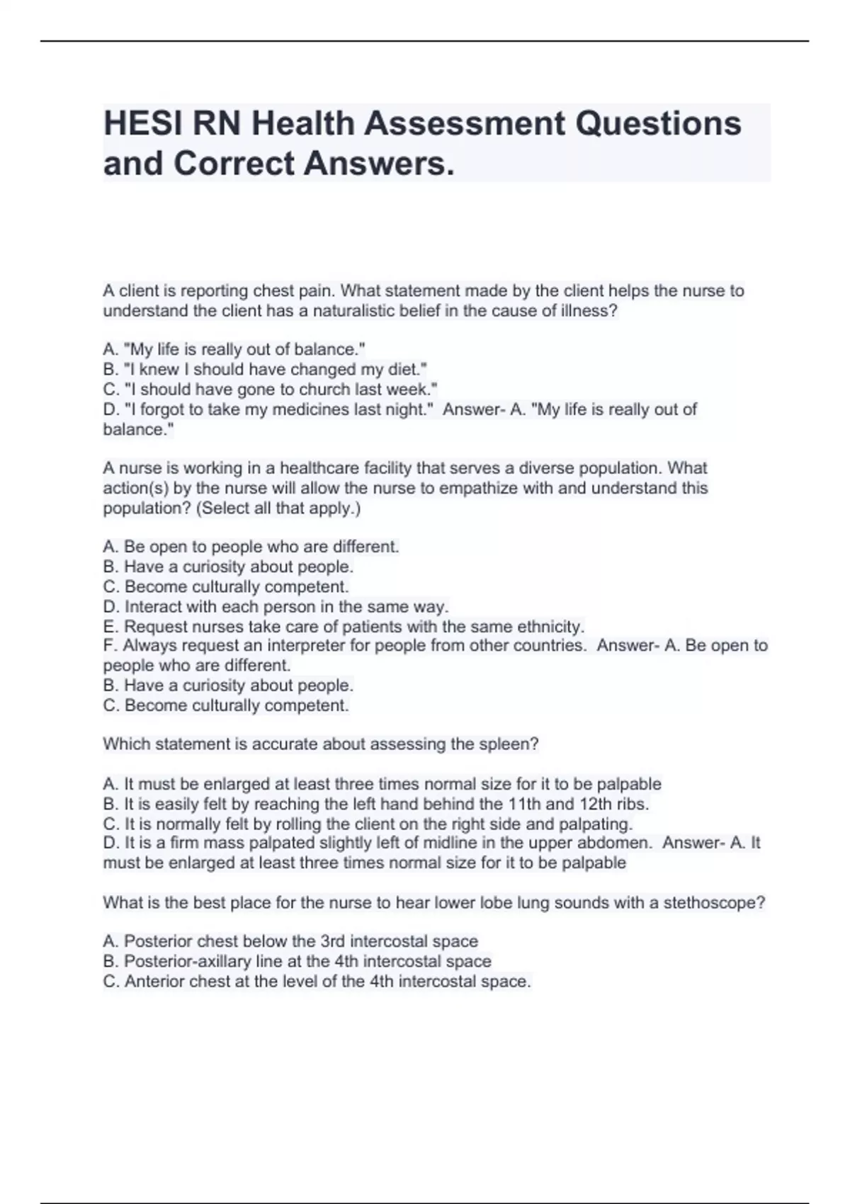 HESI RN Health Assessment Questions and Correct Answers - HESI HEALTH ...