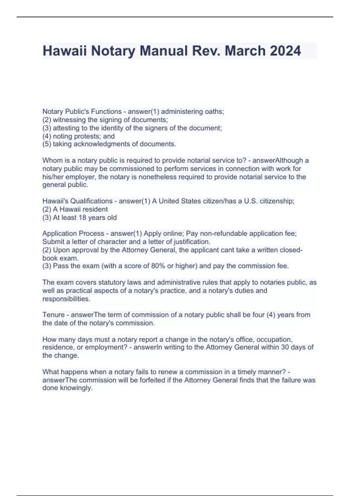 Hawaii Notary Manual Rev. March 2024 Questions and Answers 100 Correct Hawaii notary public