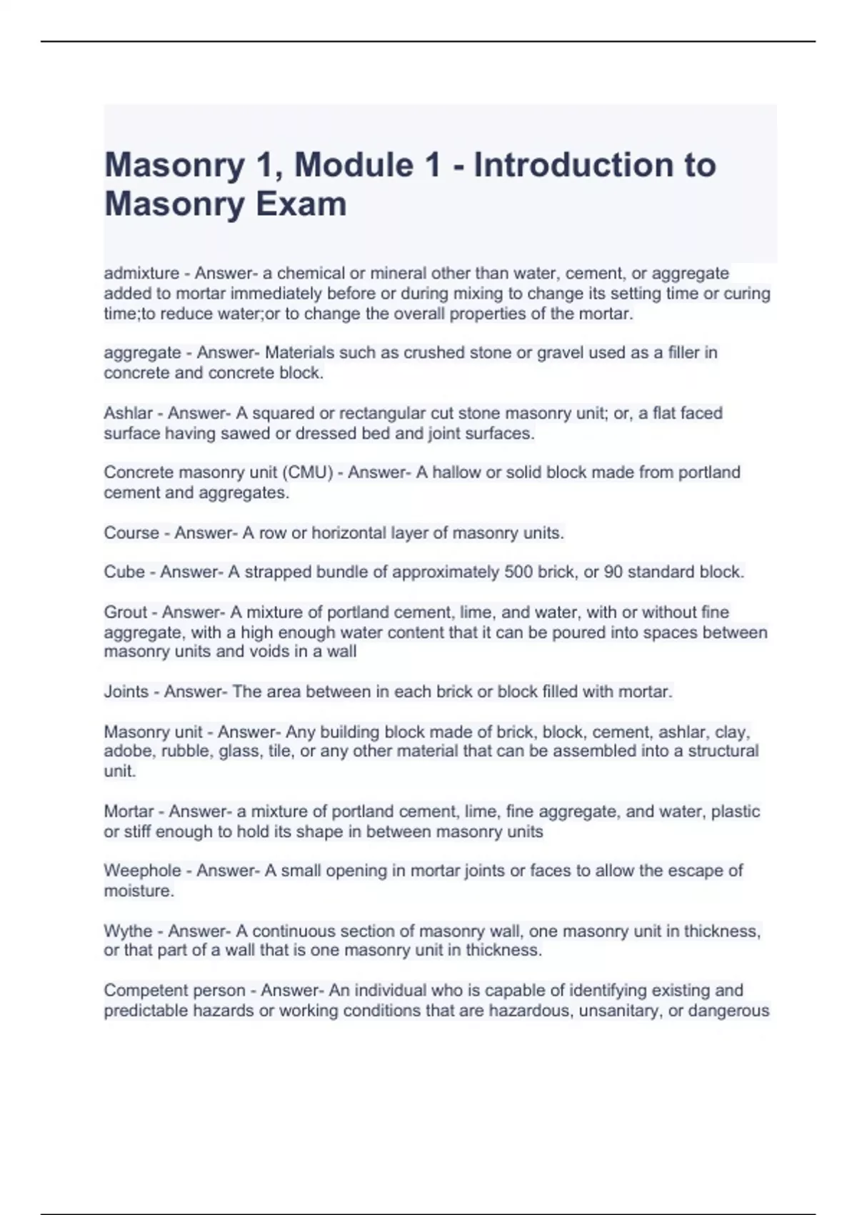 Masonry 1, Module 1 Introduction to Masonry Exam 2024 Questions and Answers Masonry Stuvia US