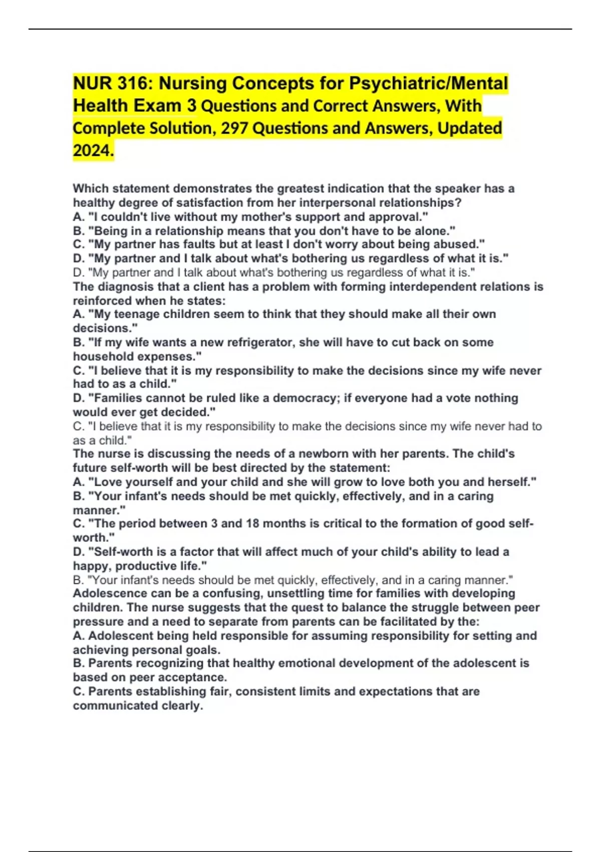 NUR 316: Nursing Concepts for Psychiatric/Mental Health Exam 3 ...
