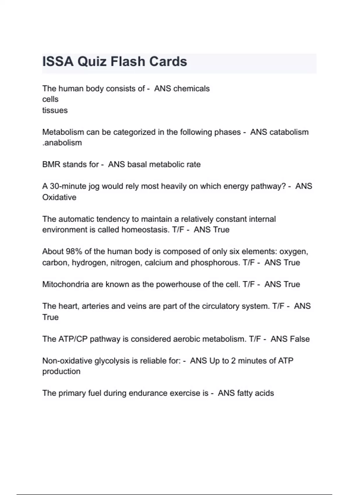 ISSA Flash Cards Exam Questions with correct Answers 2024/2025( A+