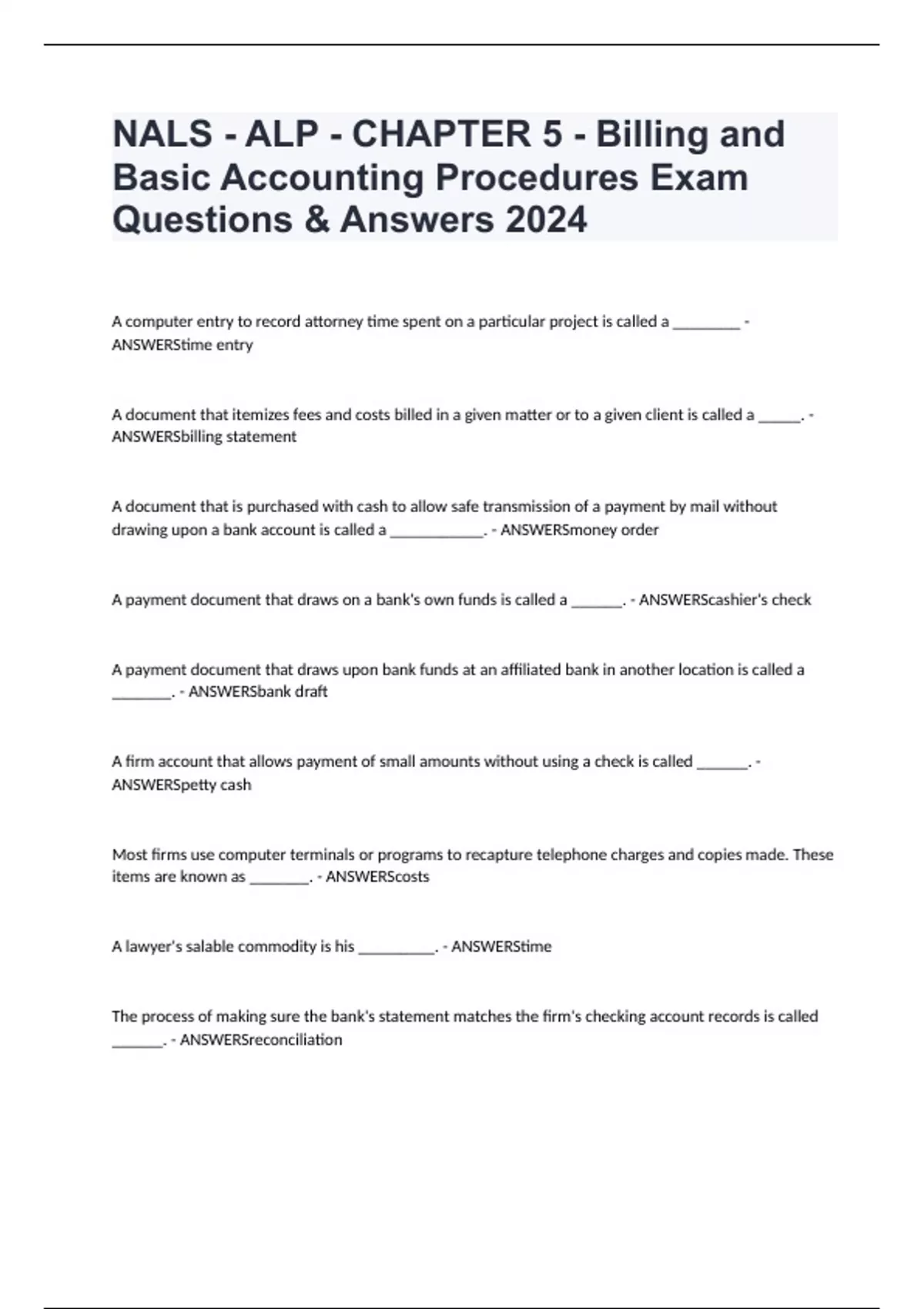 NALS - ALP - CHAPTER 5 - Billing and Basic Accounting Procedures Exam ...
