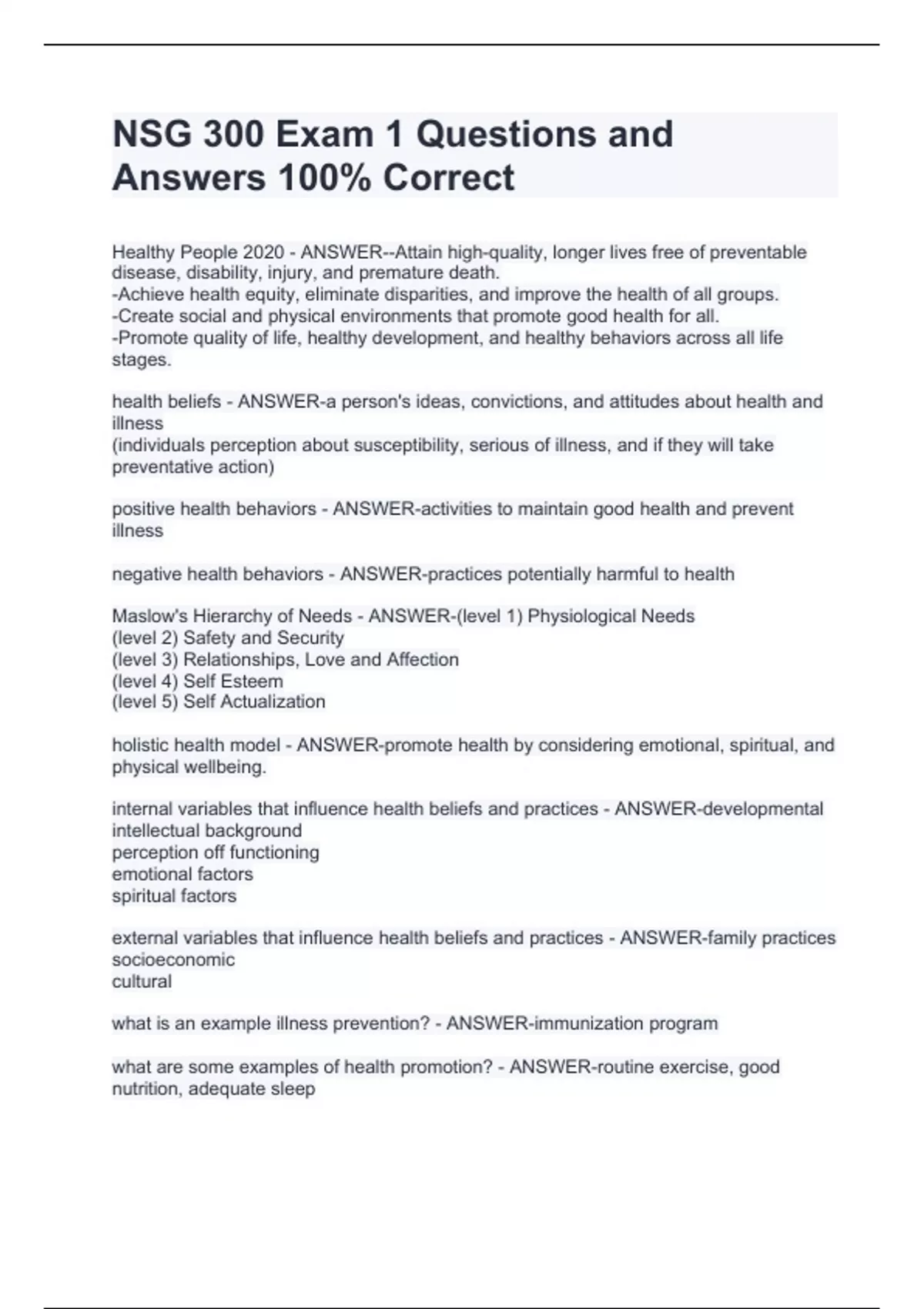 NSG 300 Exam 1 Questions and Answers 100% Correct - NSG 300 - Stuvia US