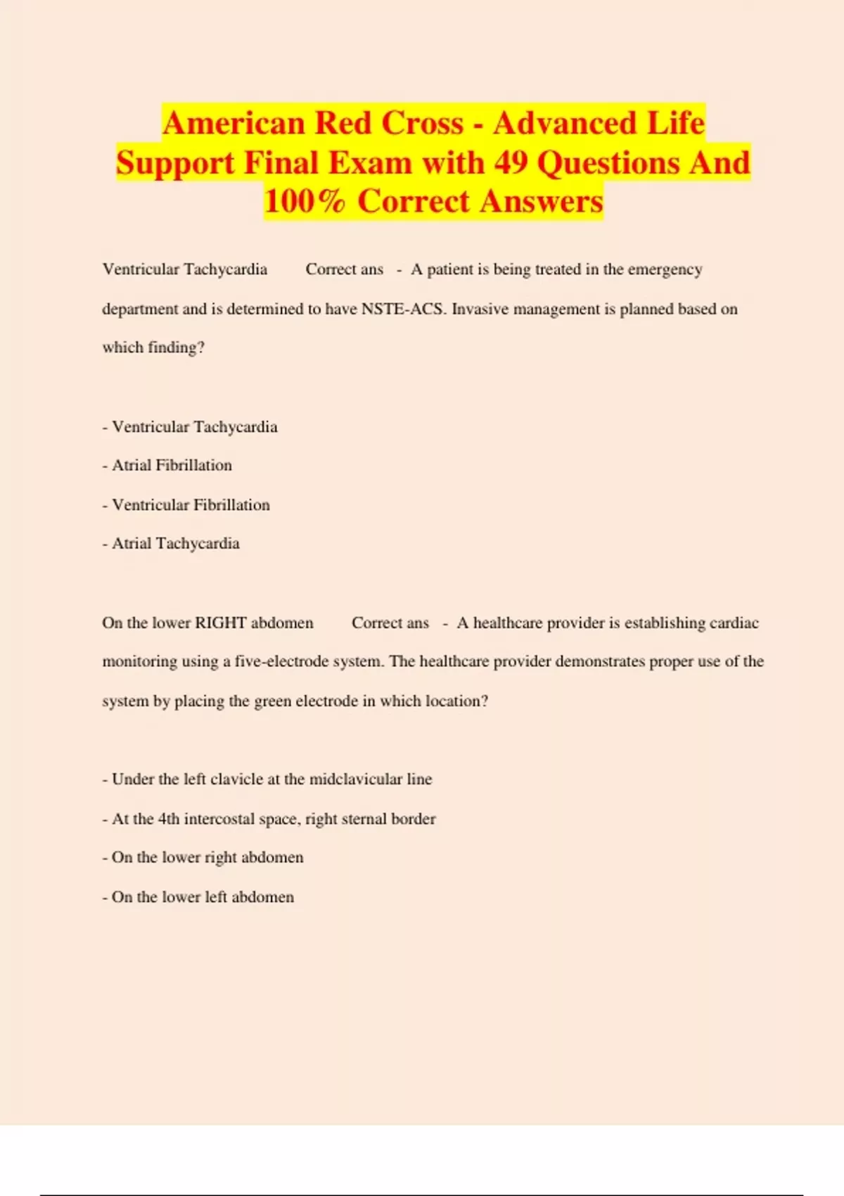 American Red Cross Advanced Life Support Final Exam with 49 Questions