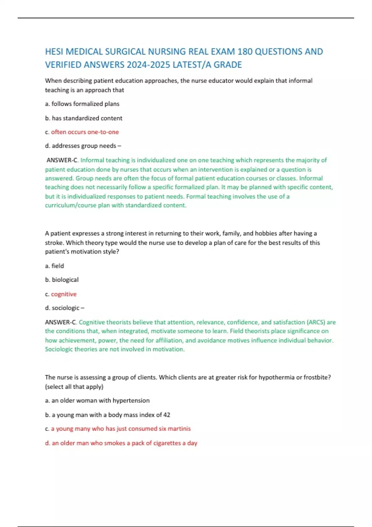 HESI MEDICAL SURGICAL NURSING REAL EXAM 180 QUESTIONS AND VERIFIED ...