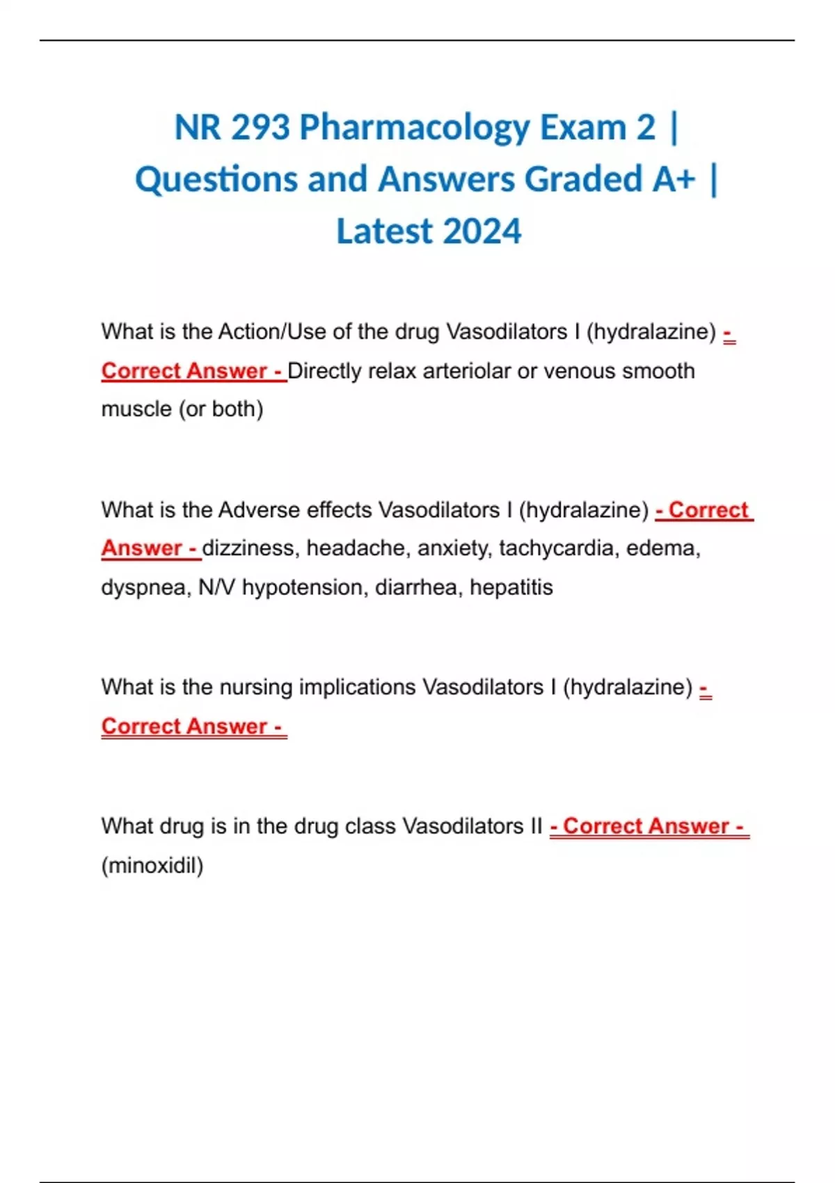 NR 293 Pharmacology Exam 2 | Questions and Answers Graded A+ | Latest ...